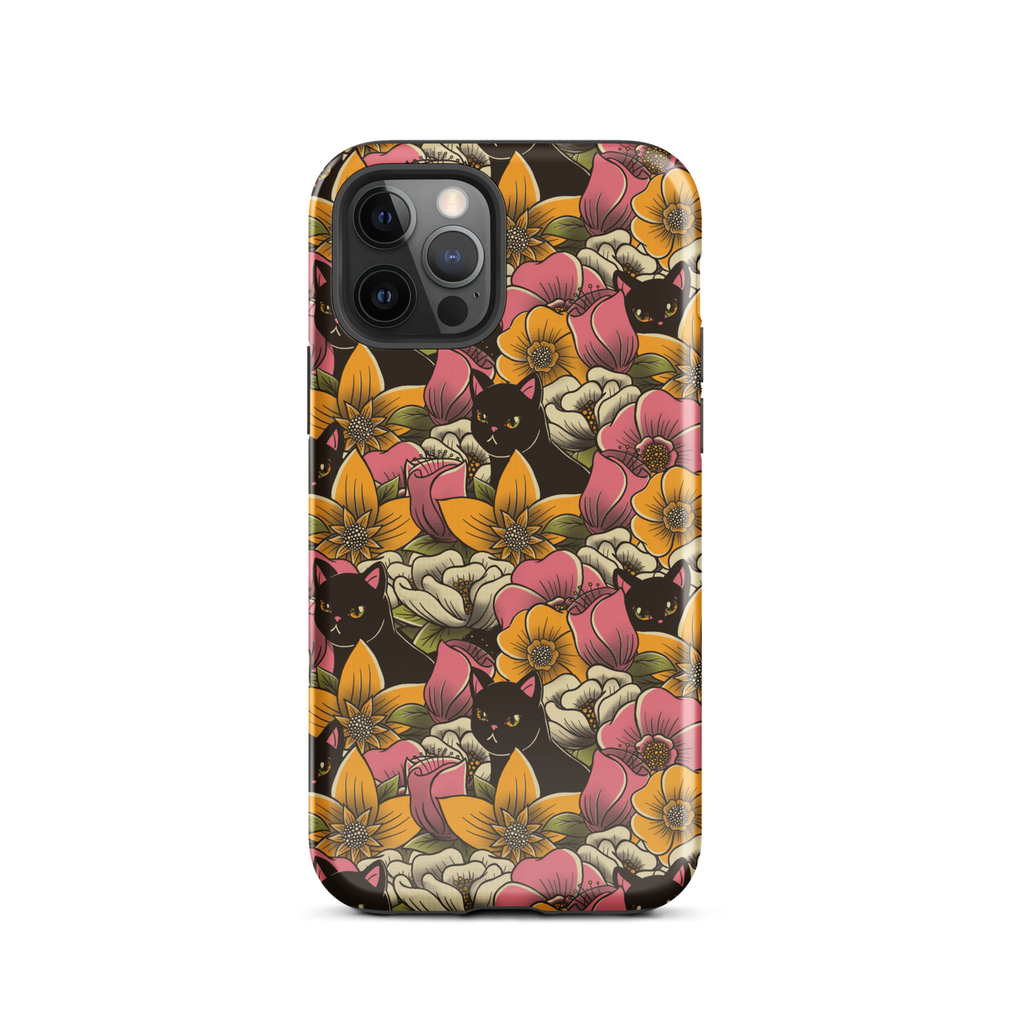 The image features a repeating pattern of colorful flowers in pink, yellow, and cream hues with lush green foliage. Interspersed among the flowers are playful black cats with bright eyes. The design has a whimsical and vibrant feel, ideal for various products like t-shirts, stickers, coffee cups, and skateboards. The style is reminiscent of traditional floral art blended with playful elements of animal decor.