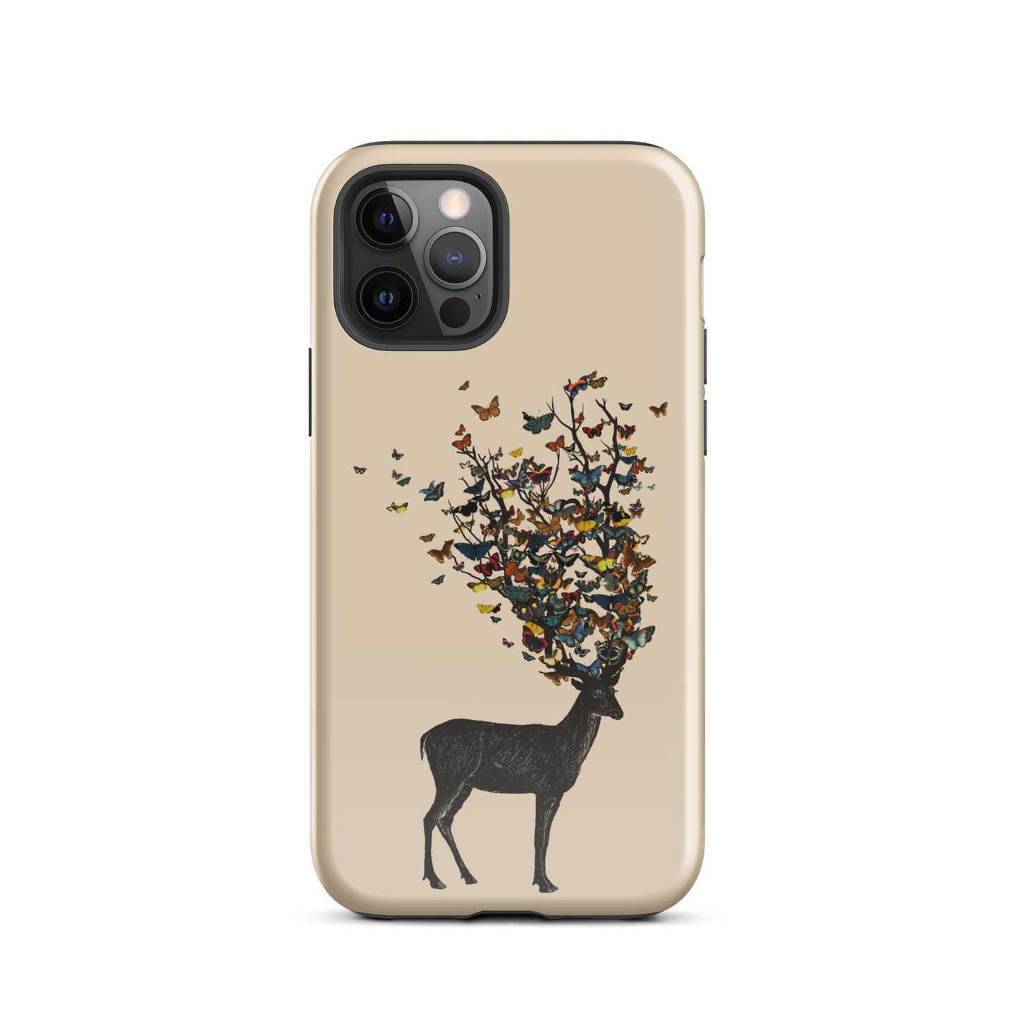 The image depicts a dark, silhouetted deer standing on a neutral background. Instead of branches, its antlers transform into a swirling cloud of vibrant, colorful butterflies that extend upwards and outward. The mix of organic and ethereal elements creates a captivating and whimsical visual contrast.
