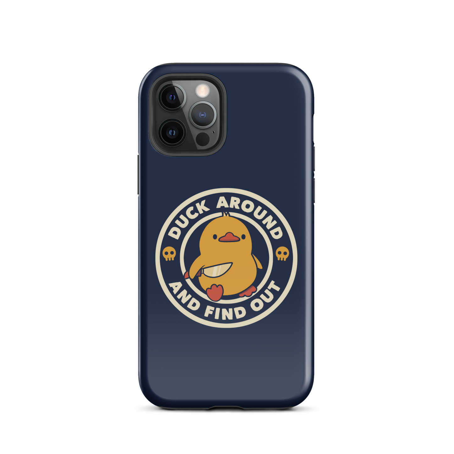 A cute yellow duck holding a small knife, around it the text "Duck Around And Find Out". An art that mixes humor with the temperament of ducks.