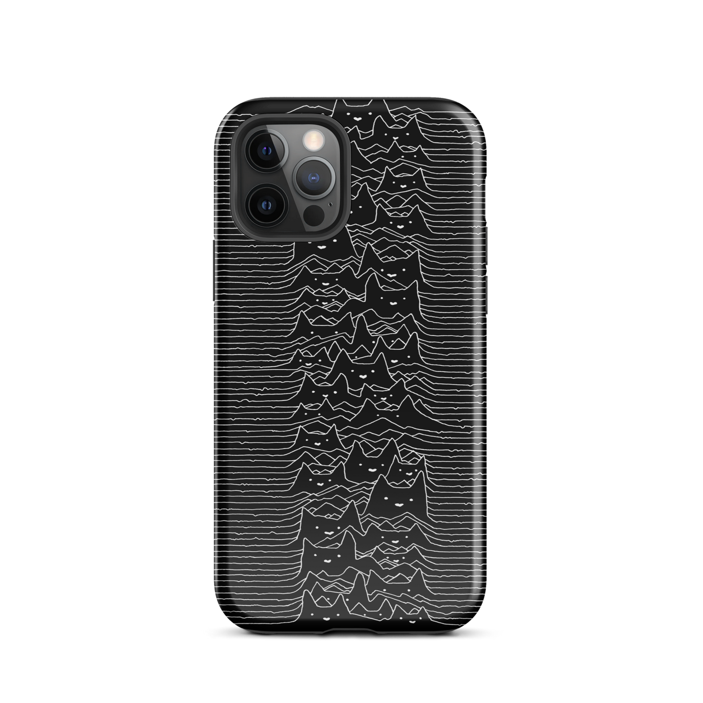 The drawing is a series of continuous wavy lines forming a pattern reminiscent of sound waves or topographic maps, but with an unexpected twist: the lines create the shapes of numerous cat faces stacked vertically. Each cat has simple, expressive features with pointed ears, adding a whimsical element to the otherwise structured pattern.