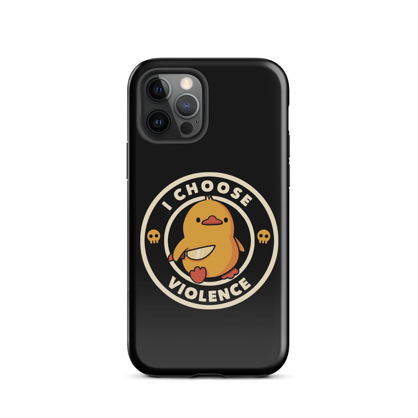 A cute, cartoon-style yellow duckling stands confidently holding a large knife in its wing. The duckling is encircled by text saying 'I CHOOSE VIOLENCE' in bold white letters. Small skull symbols flank the chick on either side, adding a touch of humor and irony to the otherwise adorable drawing.