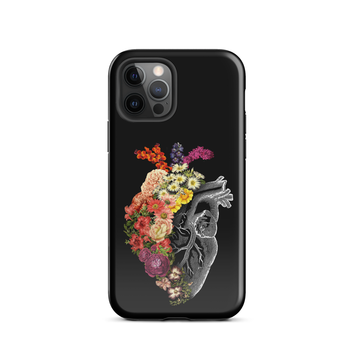 The design is an intricate and anatomical drawing of a human heart on a black background. The left side of the heart morphs into a vibrant assortment of colorful flowers, including roses, daisies, and other blooming blossoms, creating a striking contrast between the realistic and the surreal, symbolizing the harmony between nature and humanity.