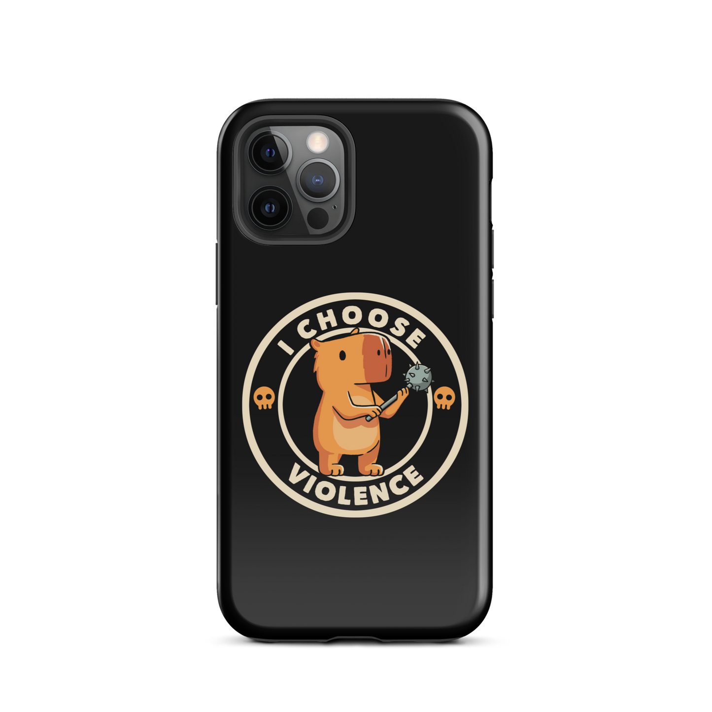 A cute, cartoonish burnt yellow capybara stands holding a spiked mace with a determined expression. Surrounding it is a circular design with the text 'I CHOOSE VIOLENCE' and two small skulls on either side, giving it a humorous yet ironic tone.