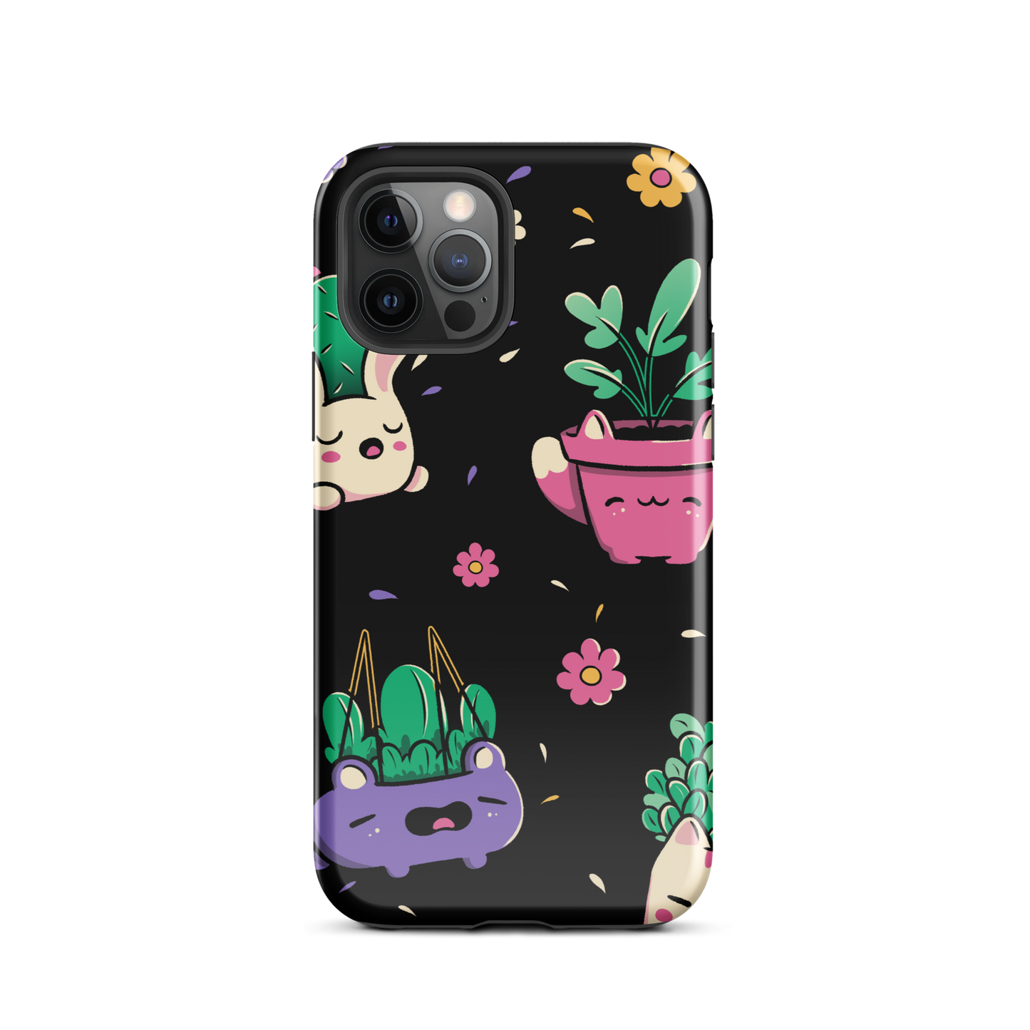 An endearing pattern featuring petite potted plants creatively shaped like adorable animals, arranged in a charming repeating composition. This enchanting design is perfect for plant enthusiasts who adore greenery and love surrounding themselves with whimsical, nature-inspired details.
