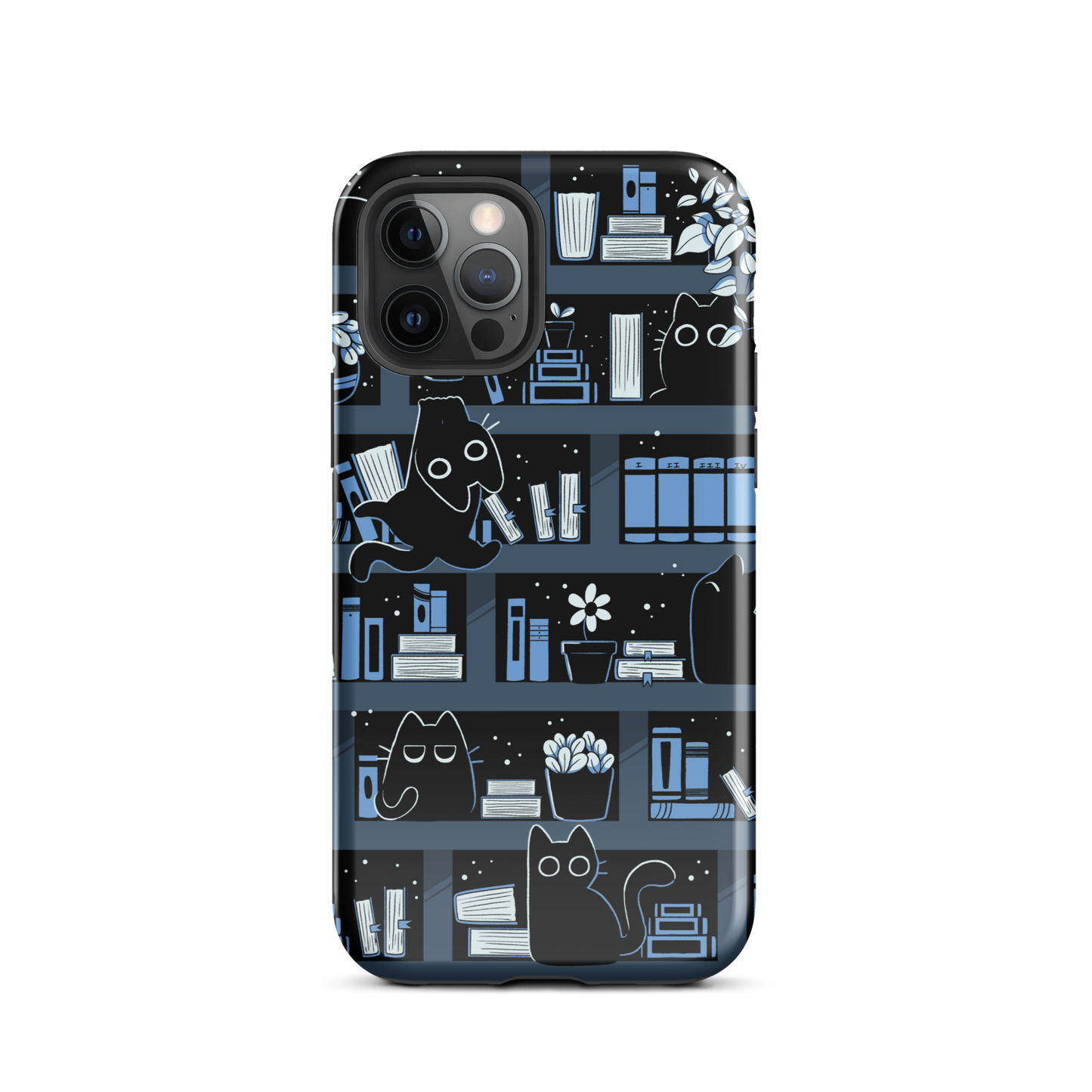 A pattern designed to resemble one large bookshelf filled with books, plants and playful little black kittens tucked between the shelves. An artwork in shades of black and blue, perfect for those who love cats, books and plants.