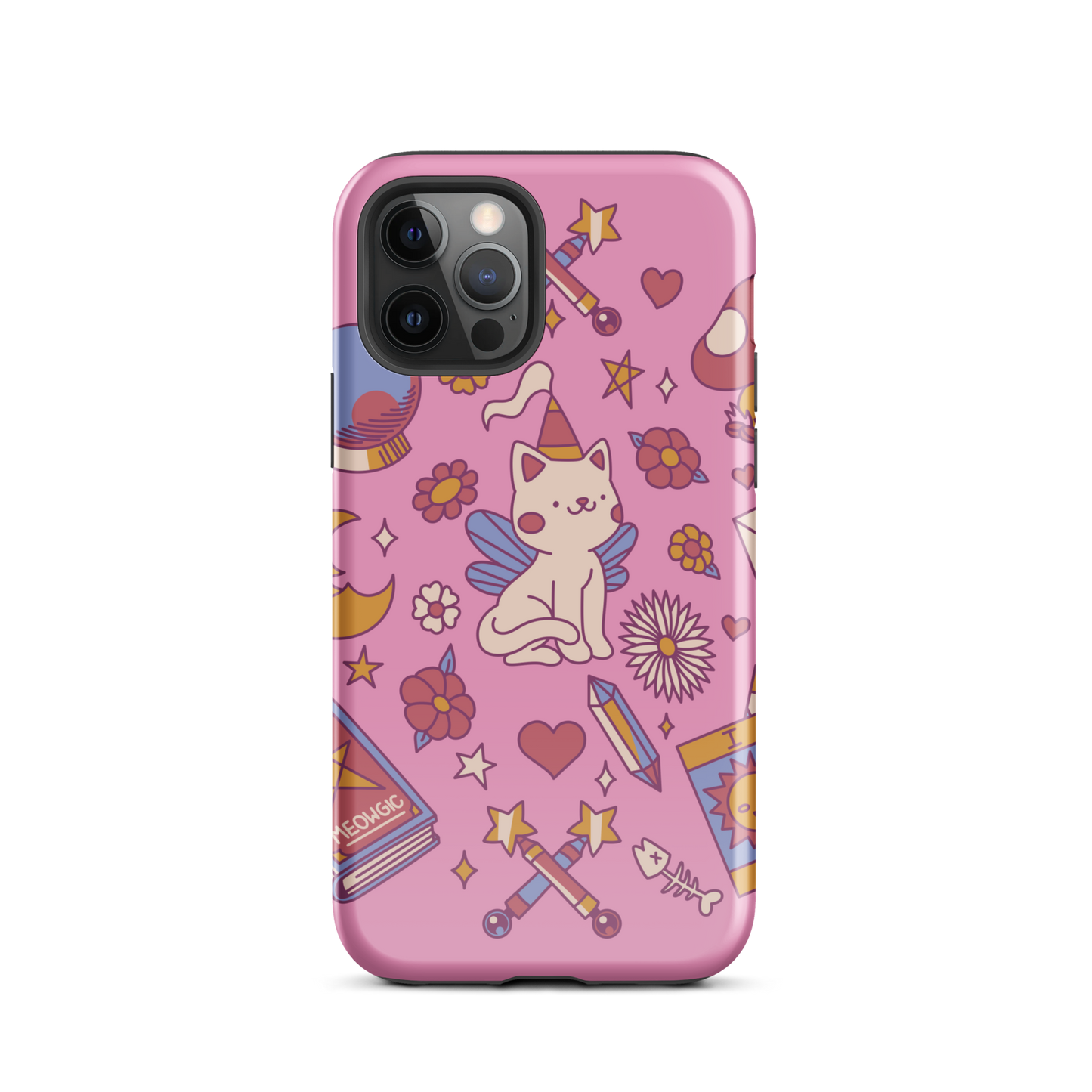 The artwork depicts a magical kitten with wings and a little hat, surrounded by crystals, flowers, tarot cards, mushrooms, and mystical elements in pastel shades. The design blends cute fantasy with colorful witchy aesthetics, creating an enchanting, lighthearted composition full of fun details. Perfect for lovers of cute mysticism, tarot, magical cats, and anyone who enjoys colorful prints with a magical vibe.