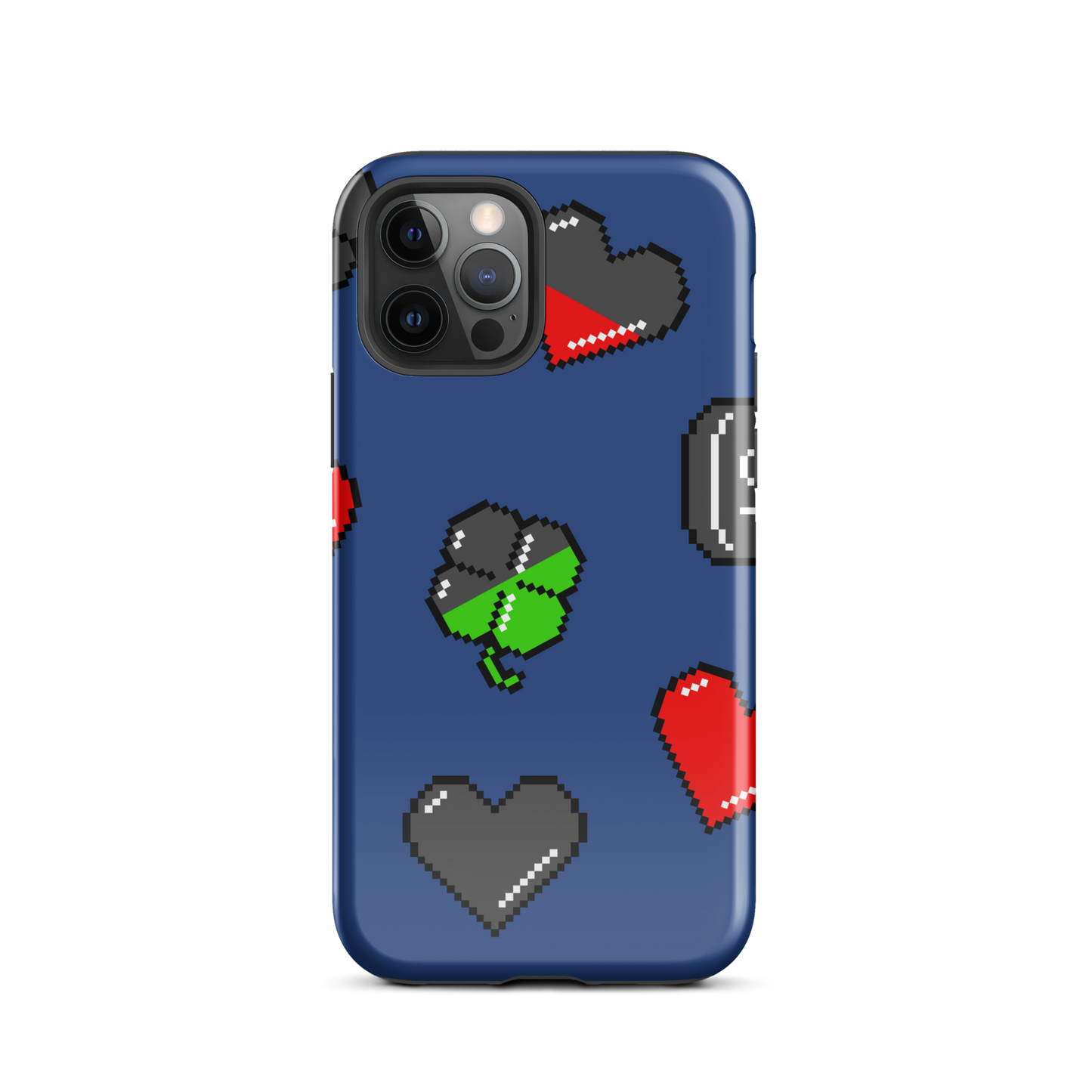 A repeating pattern made of 8-bit video game icons like hearts, four-leaf clovers, and coins. A nostalgic pixel art design inspired by classic games and retro digital culture.