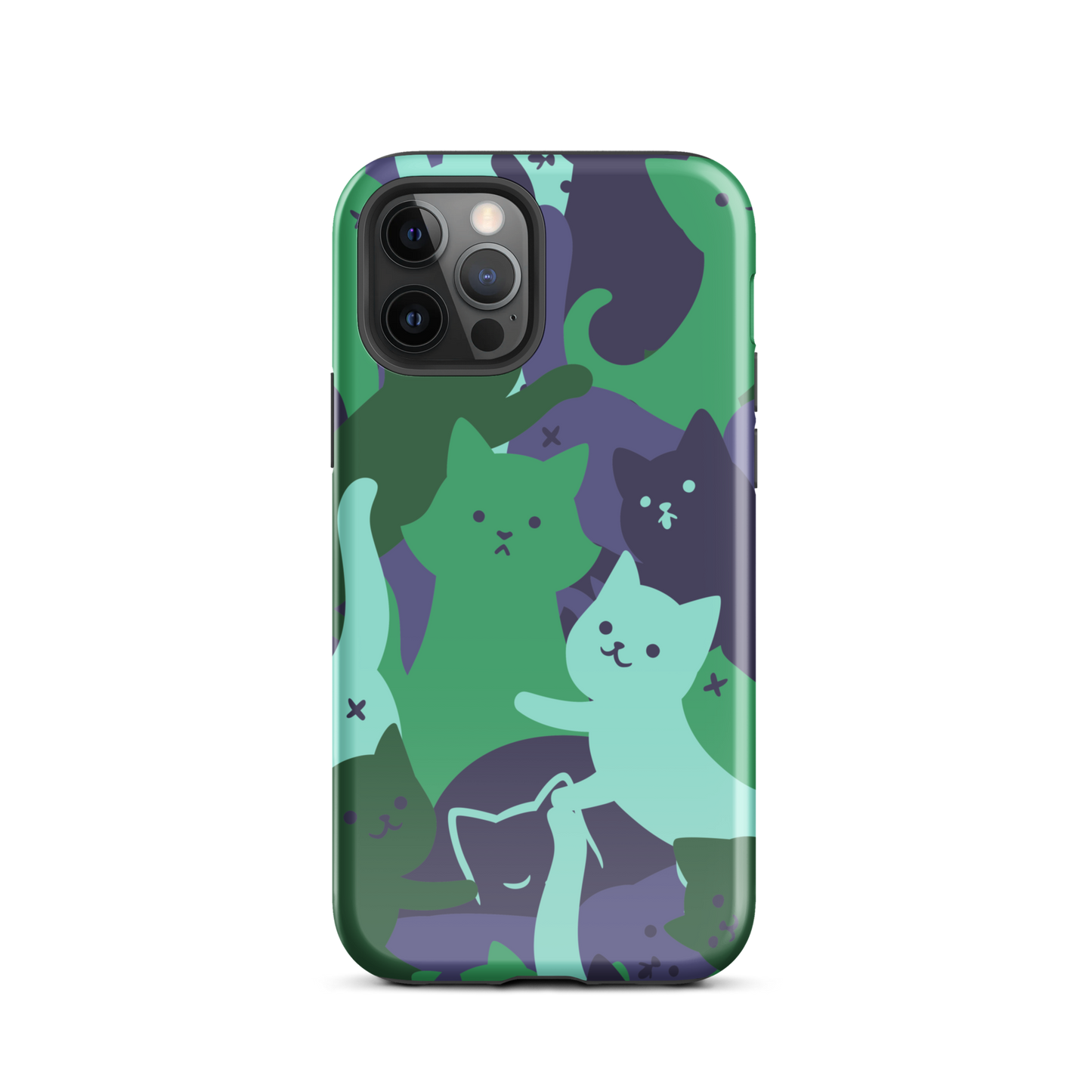 A playful pattern featuring multiple kittens in shades of green and blue, arranged to create a soft camouflage effect. This design blends cute cats with a modern pattern aesthetic, perfect for fans of fun, stylish, and whimsical art.