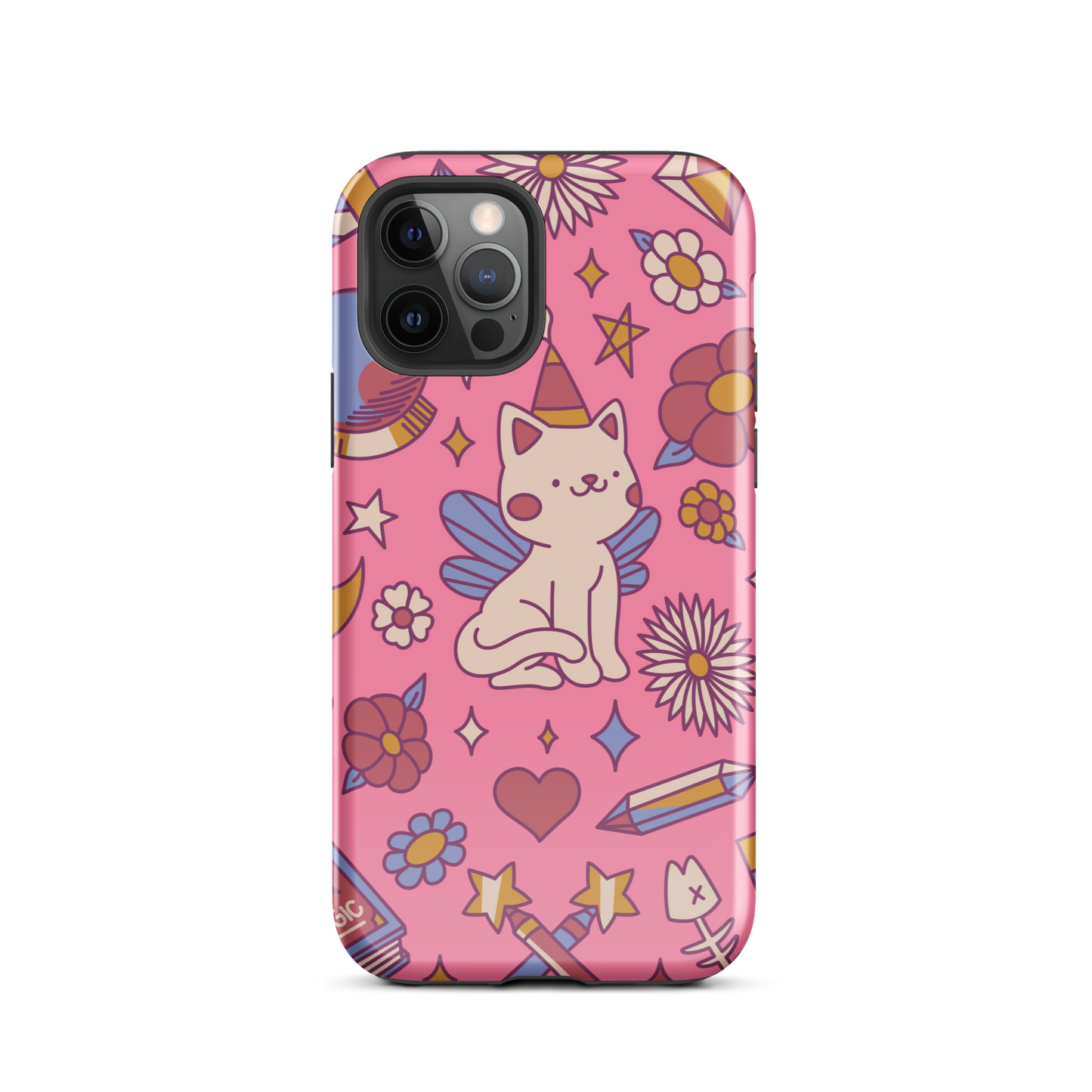 A seamless pattern featuring a magical winged kitten surrounded by crystals, flowers, tarot cards, mushrooms and other mystical elements in soft pastel tones. A playful and whimsical design with a cute, magical vibe.