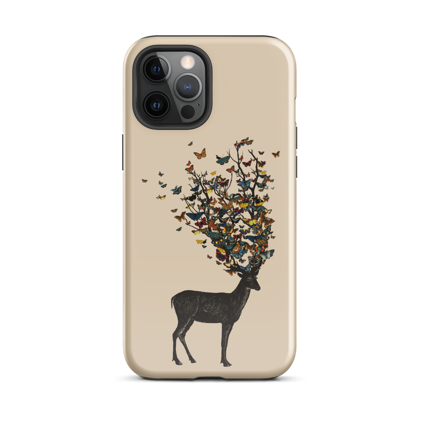 The image depicts a dark, silhouetted deer standing on a neutral background. Instead of branches, its antlers transform into a swirling cloud of vibrant, colorful butterflies that extend upwards and outward. The mix of organic and ethereal elements creates a captivating and whimsical visual contrast.