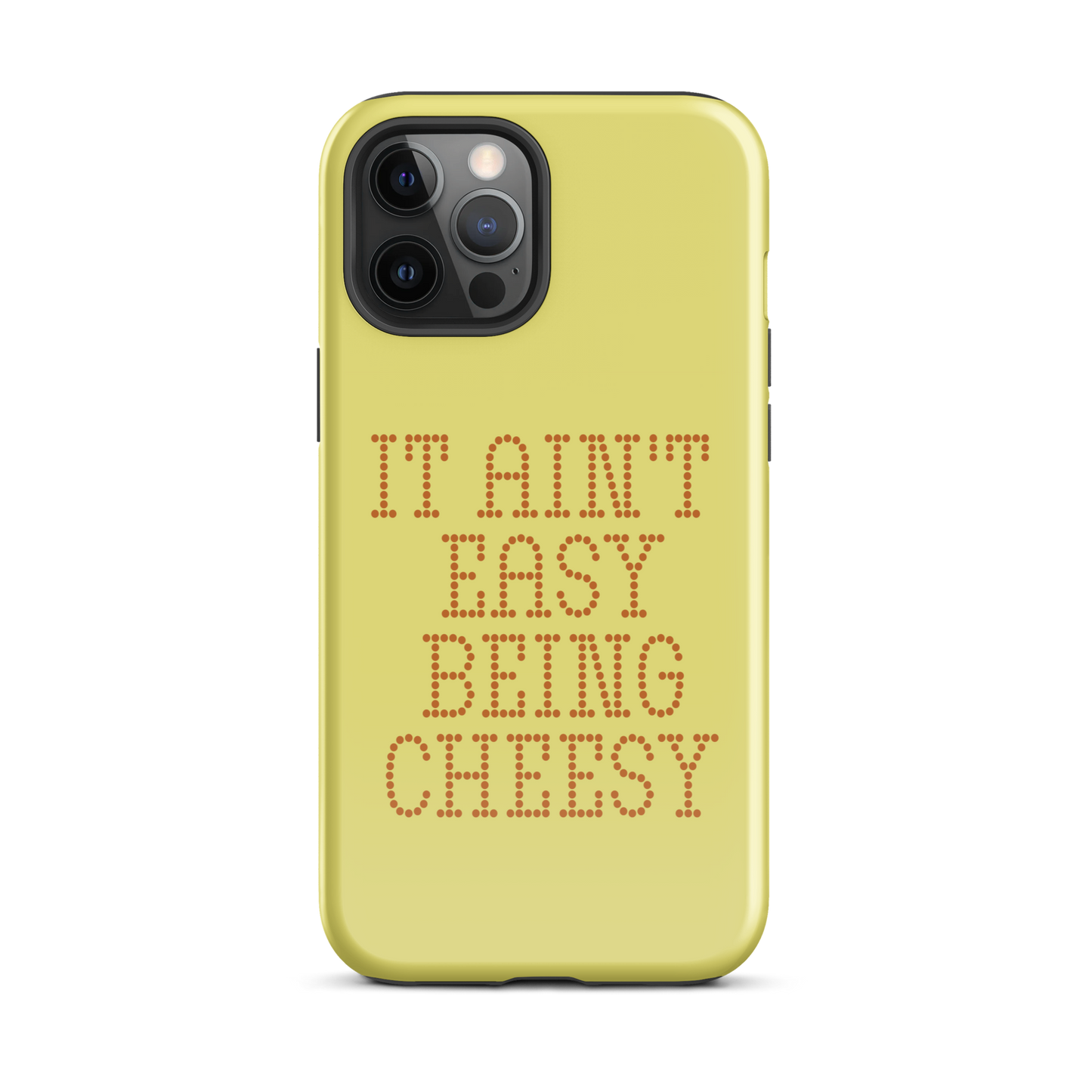 Bold dotted typography spells out ‘It Ain’t Easy Being Cheesy’ in a playful retro style on a yellow background. This funny design mixes wordplay with foodie humor, perfect for pun lovers, cheese fans, retro humor enthusiasts, and anyone who embraces the cringe with pride. A great quirky gift for cheese lovers and humor fans alike.