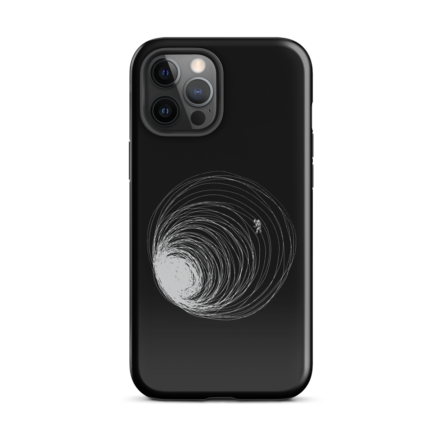 A big black hole with an astronaut floating around as if being sucked into it. A minimalist art perfect for those who love space.