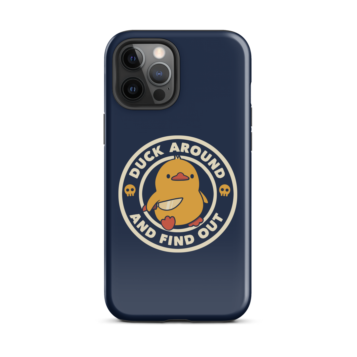 A cute yellow duck holding a small knife, around it the text "Duck Around And Find Out". An art that mixes humor with the temperament of ducks.