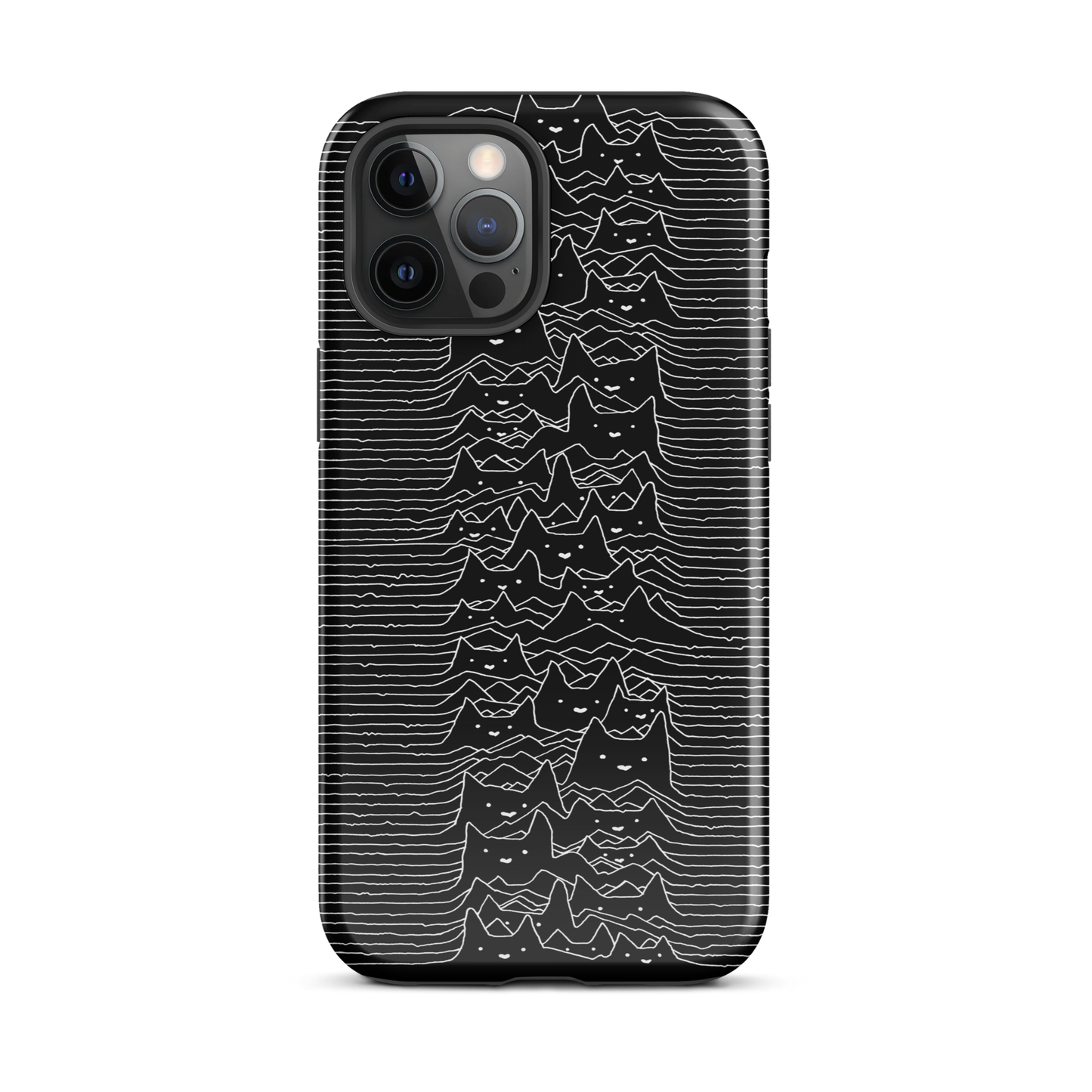 The drawing is a series of continuous wavy lines forming a pattern reminiscent of sound waves or topographic maps, but with an unexpected twist: the lines create the shapes of numerous cat faces stacked vertically. Each cat has simple, expressive features with pointed ears, adding a whimsical element to the otherwise structured pattern.