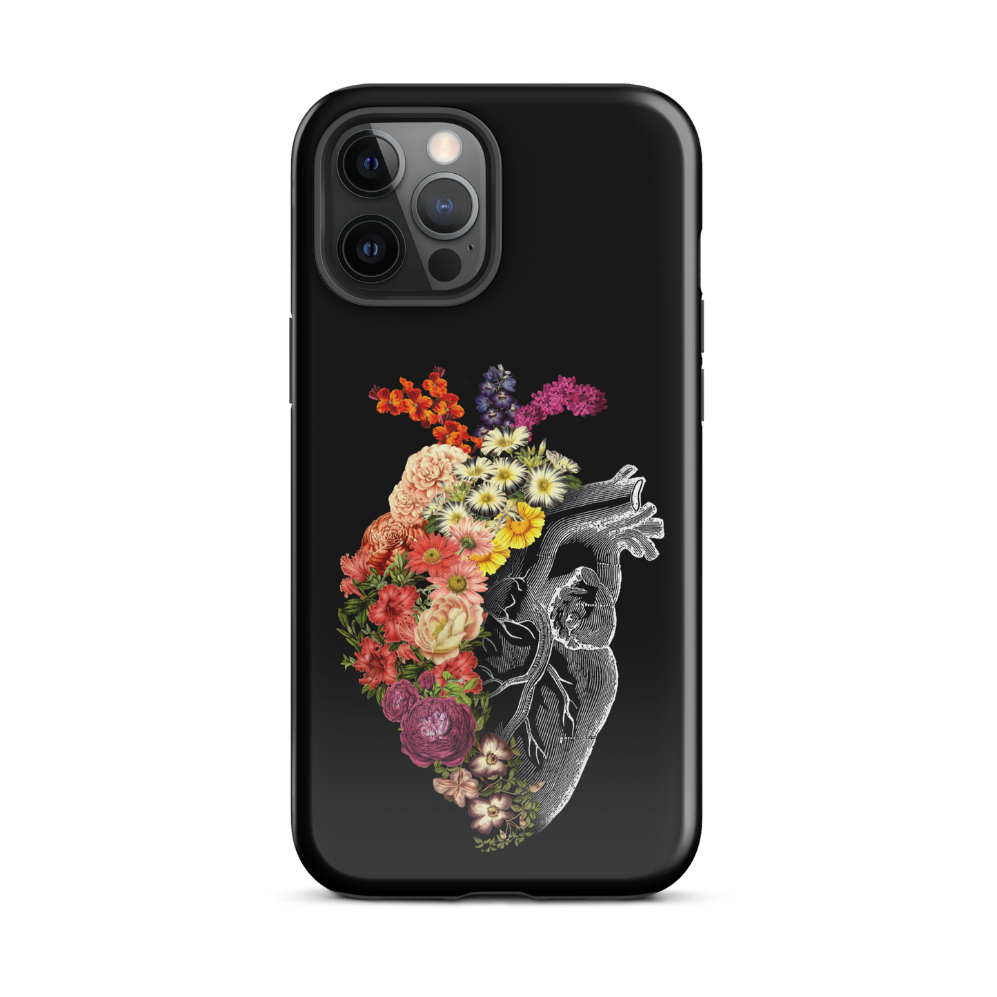The design is an intricate and anatomical drawing of a human heart on a black background. The left side of the heart morphs into a vibrant assortment of colorful flowers, including roses, daisies, and other blooming blossoms, creating a striking contrast between the realistic and the surreal, symbolizing the harmony between nature and humanity.