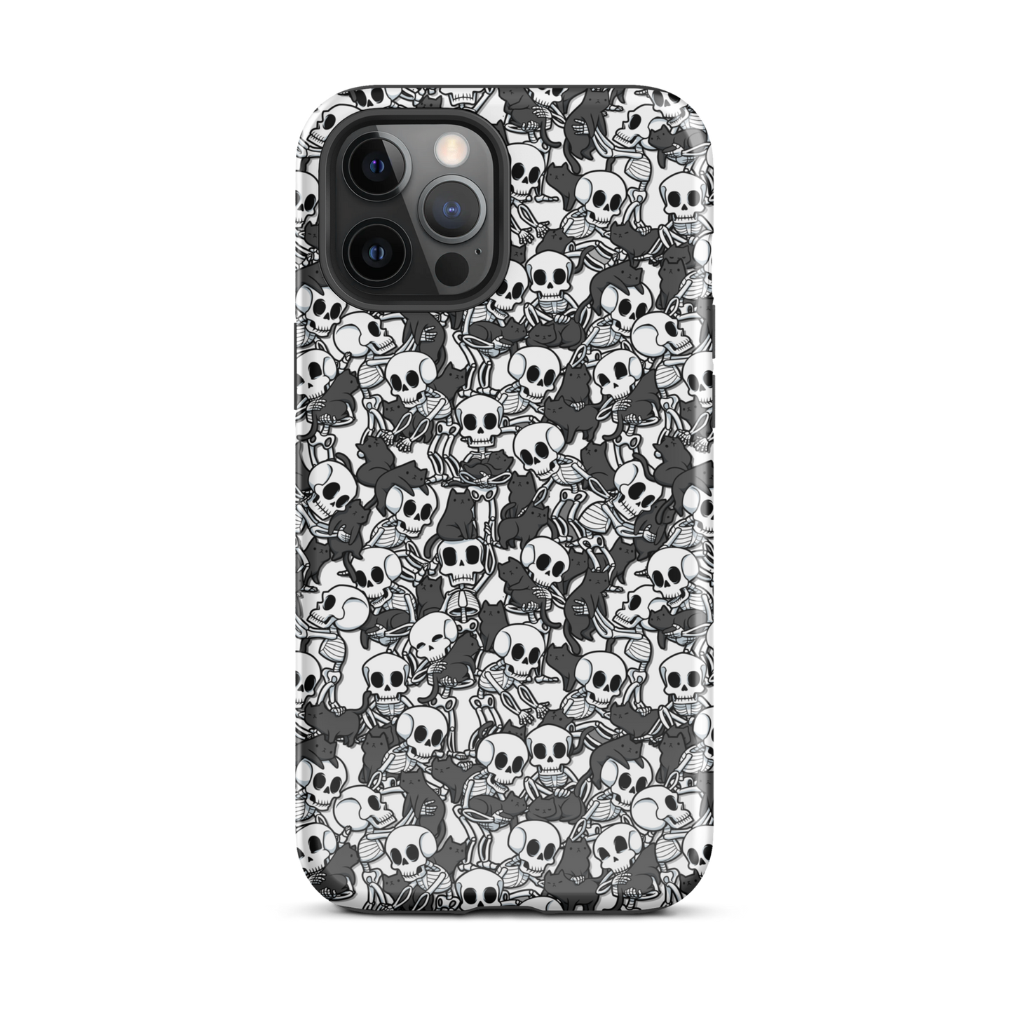 This artwork shows a playful pattern of cartoon skeletons cuddling and interacting with adorable black cats. It blends spooky charm with cozy, humorous vibes, creating a perfect aesthetic between macabre and cute. Ideal for fans of Halloween, gothic aesthetics, or anyone who loves fun prints with personality.