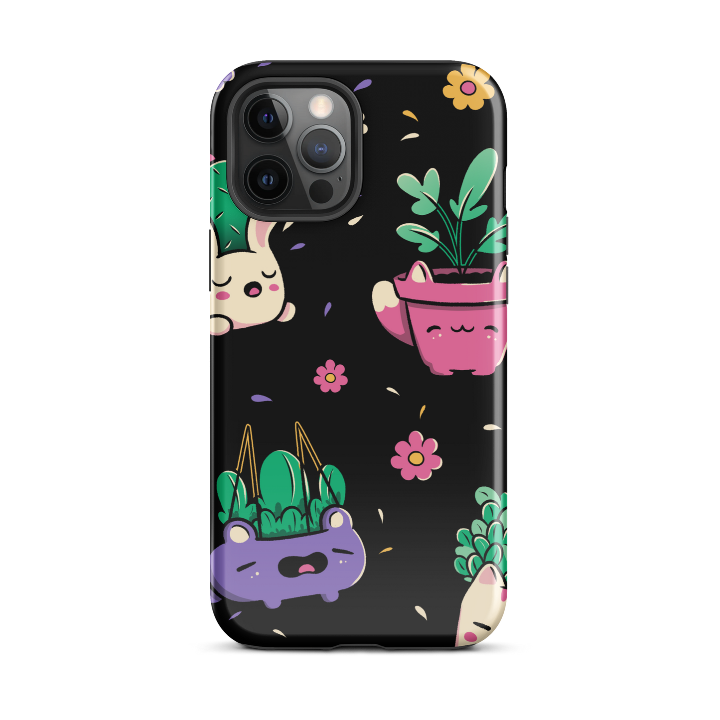 An endearing pattern featuring petite potted plants creatively shaped like adorable animals, arranged in a charming repeating composition. This enchanting design is perfect for plant enthusiasts who adore greenery and love surrounding themselves with whimsical, nature-inspired details.