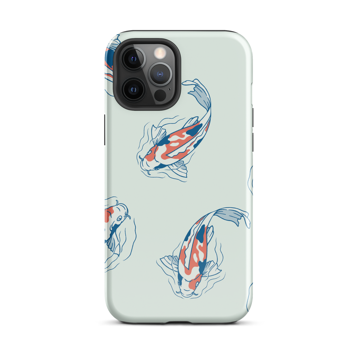 A pattern featuring koi fish gracefully swimming across a calm blue pond. A minimalist design inspired by Japanese illustration, bringing a gentle sense of peace and serenity.