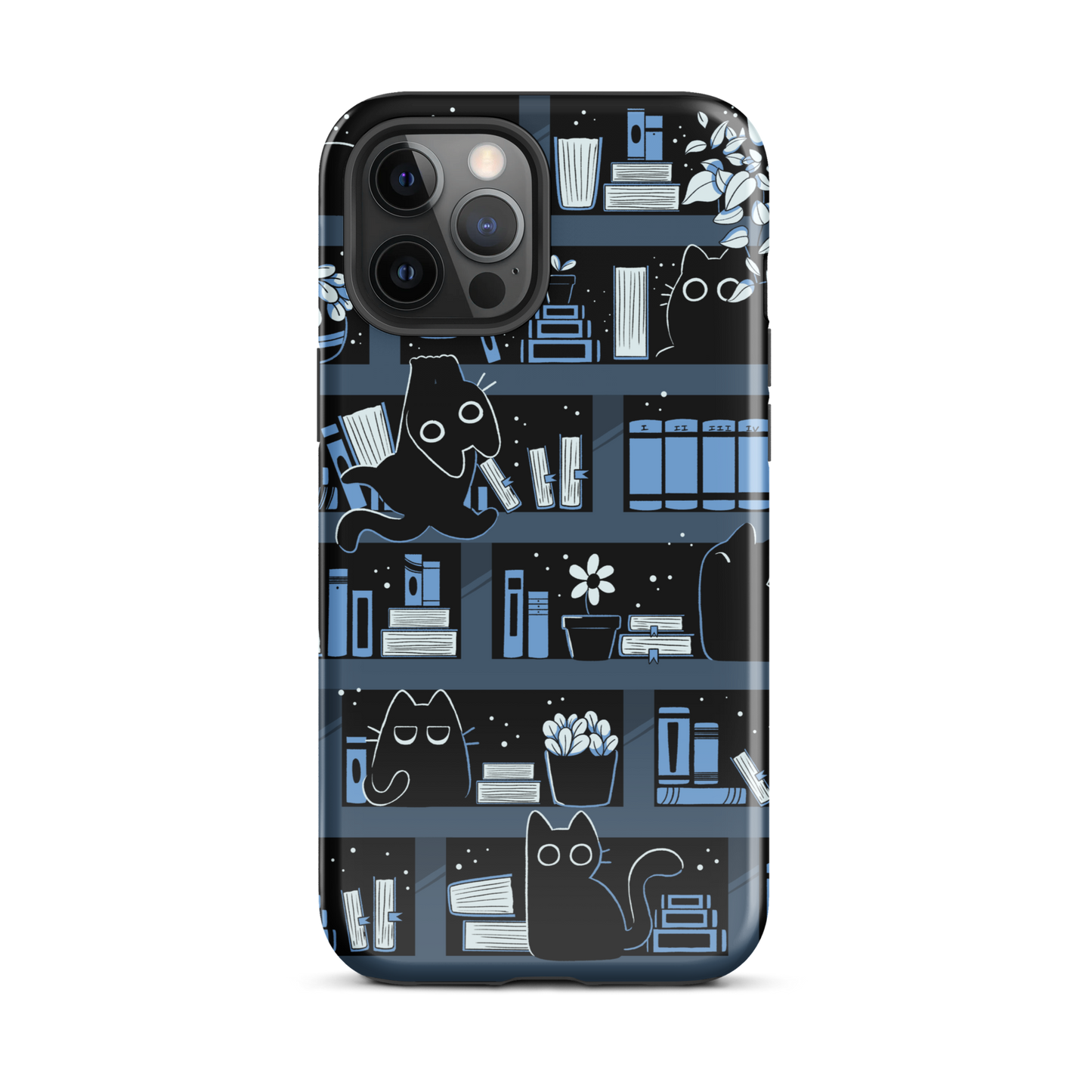 A pattern designed to resemble one large bookshelf filled with books, plants and playful little black kittens tucked between the shelves. An artwork in shades of black and blue, perfect for those who love cats, books and plants.