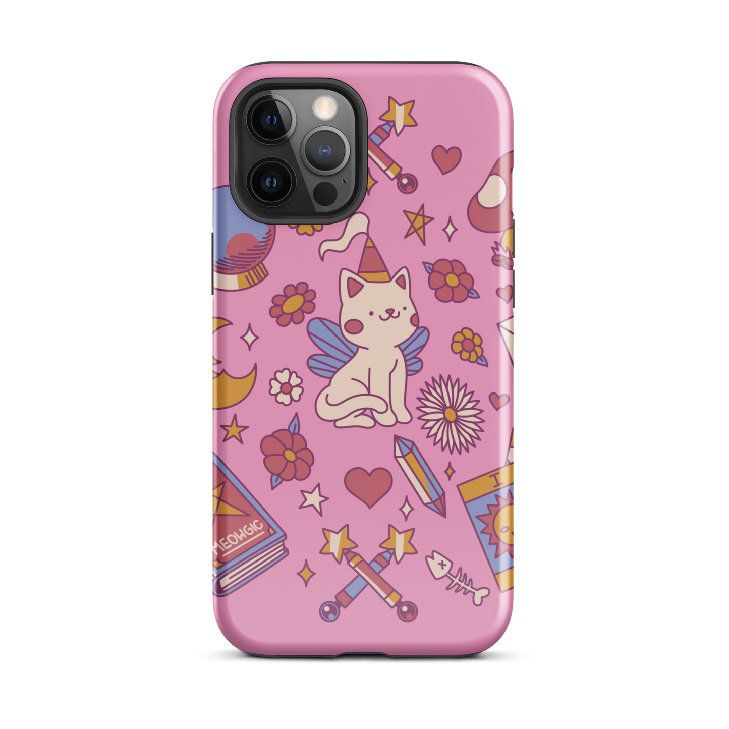 The artwork depicts a magical kitten with wings and a little hat, surrounded by crystals, flowers, tarot cards, mushrooms, and mystical elements in pastel shades. The design blends cute fantasy with colorful witchy aesthetics, creating an enchanting, lighthearted composition full of fun details. Perfect for lovers of cute mysticism, tarot, magical cats, and anyone who enjoys colorful prints with a magical vibe.
