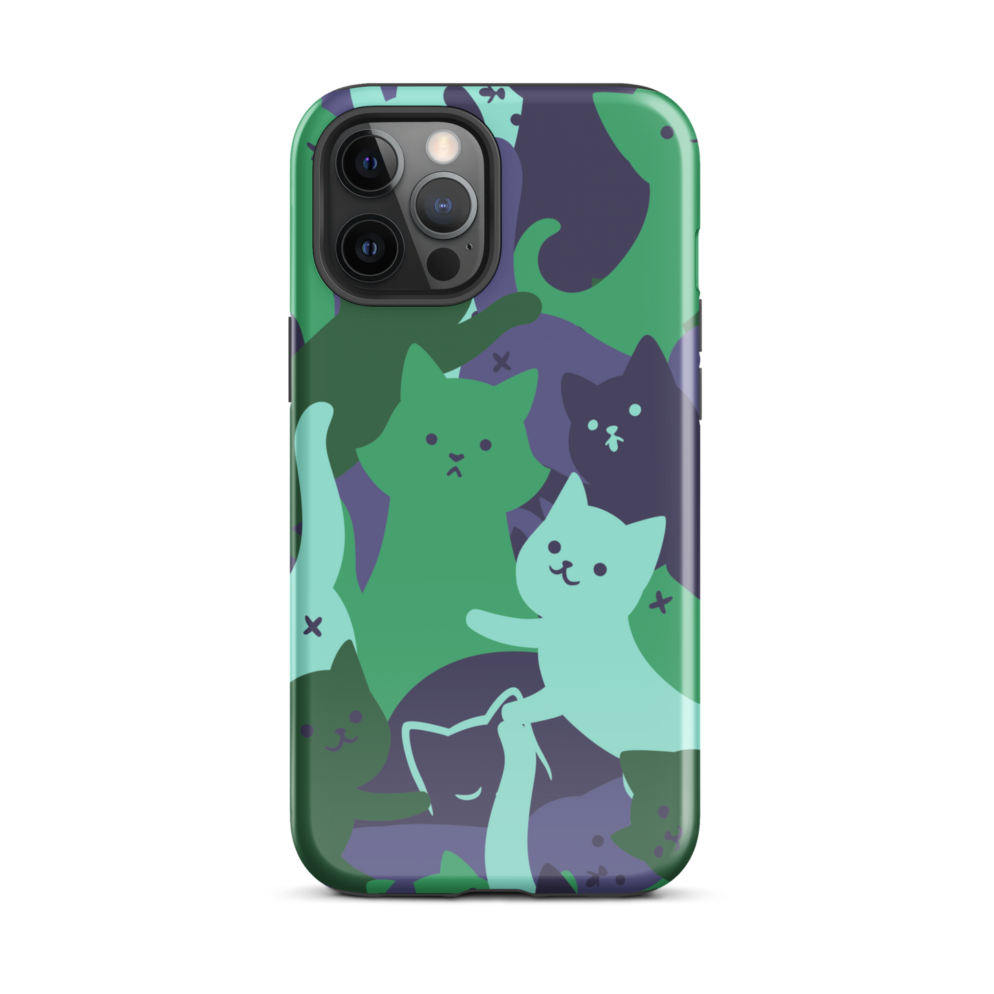 A playful pattern featuring multiple kittens in shades of green and blue, arranged to create a soft camouflage effect. This design blends cute cats with a modern pattern aesthetic, perfect for fans of fun, stylish, and whimsical art.