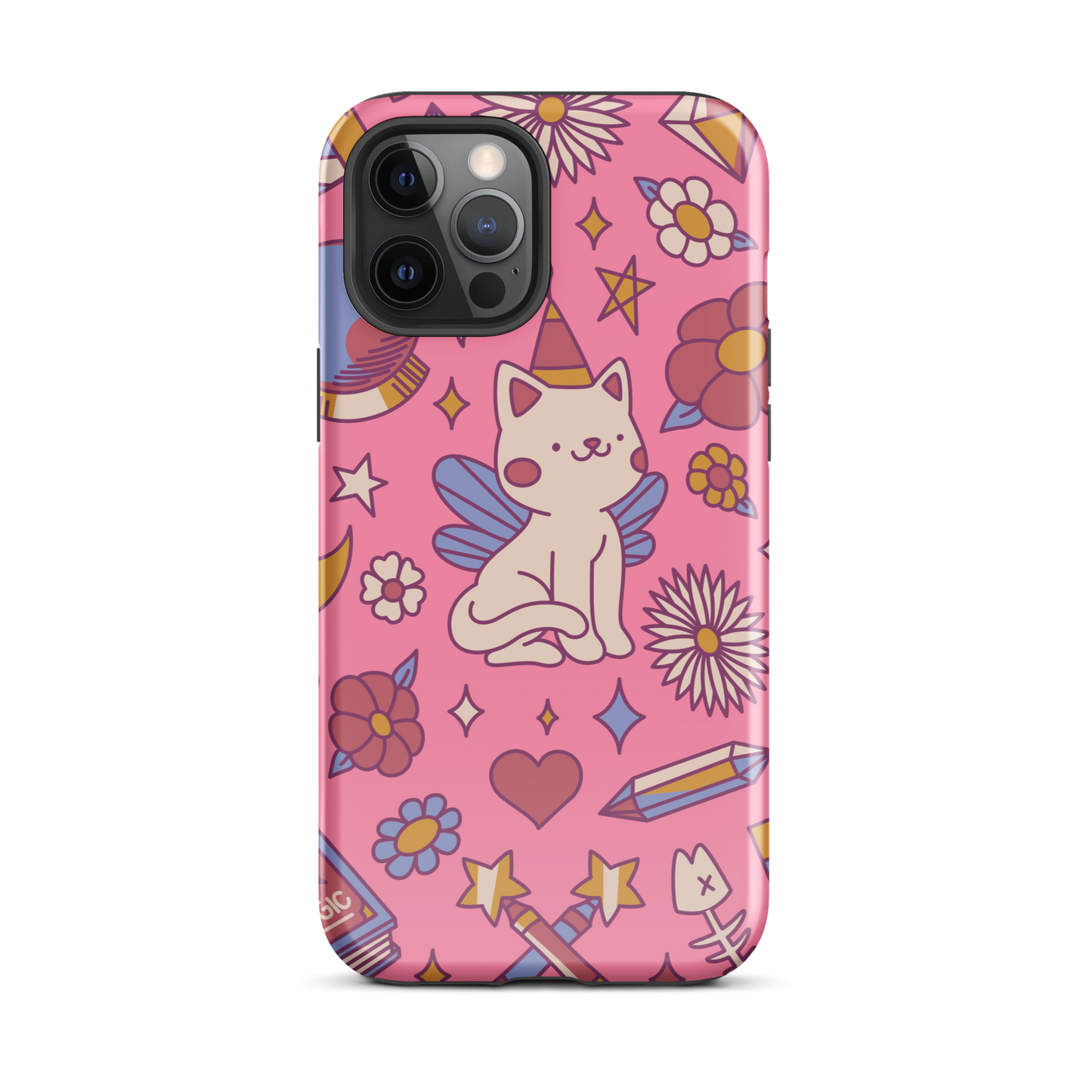 A seamless pattern featuring a magical winged kitten surrounded by crystals, flowers, tarot cards, mushrooms and other mystical elements in soft pastel tones. A playful and whimsical design with a cute, magical vibe.