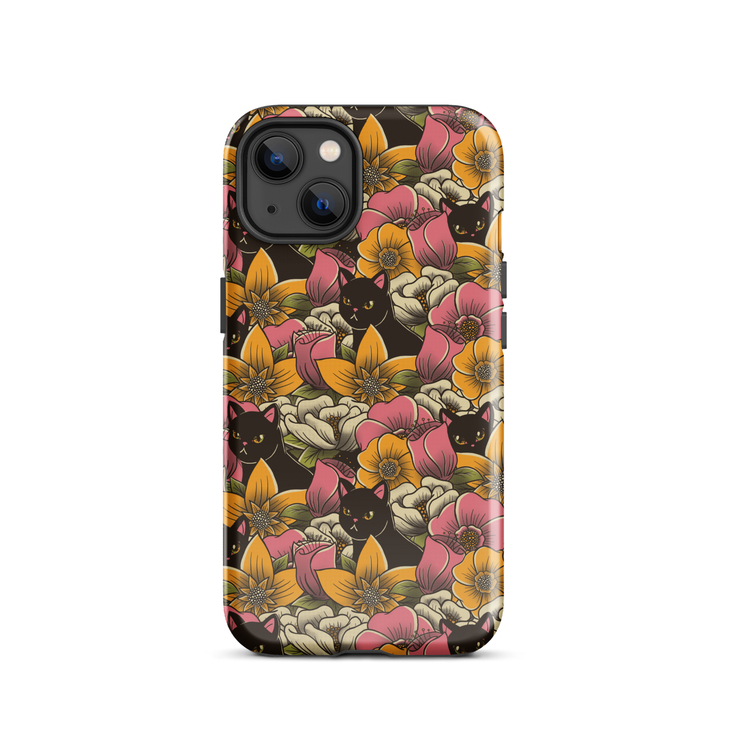 The image features a repeating pattern of colorful flowers in pink, yellow, and cream hues with lush green foliage. Interspersed among the flowers are playful black cats with bright eyes. The design has a whimsical and vibrant feel, ideal for various products like t-shirts, stickers, coffee cups, and skateboards. The style is reminiscent of traditional floral art blended with playful elements of animal decor.