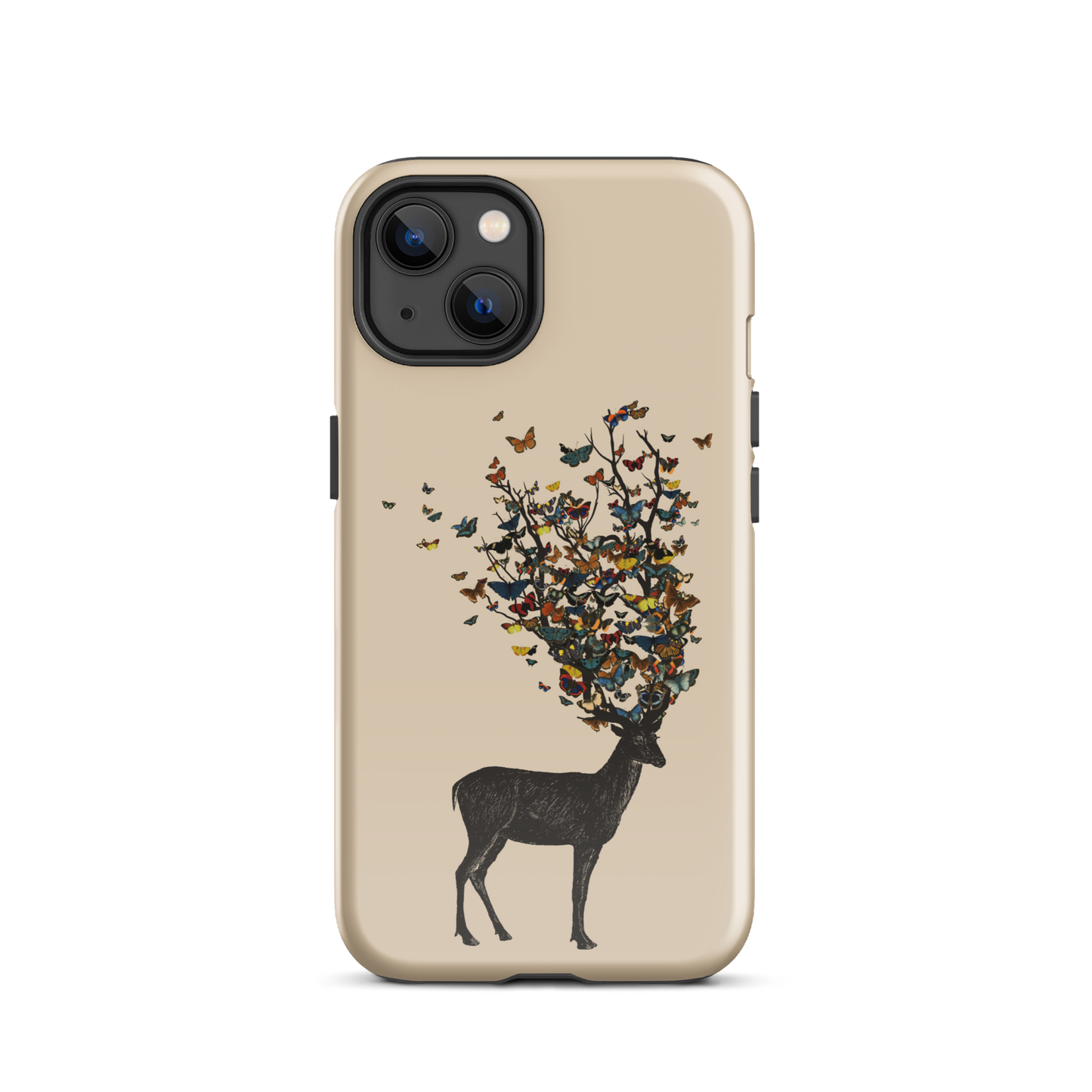The image depicts a dark, silhouetted deer standing on a neutral background. Instead of branches, its antlers transform into a swirling cloud of vibrant, colorful butterflies that extend upwards and outward. The mix of organic and ethereal elements creates a captivating and whimsical visual contrast.