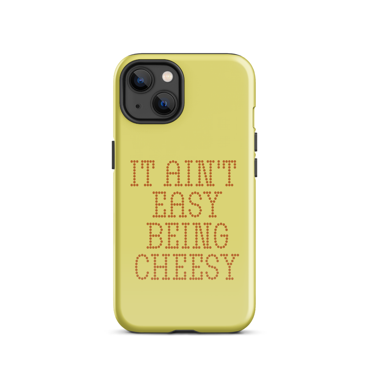 Bold dotted typography spells out ‘It Ain’t Easy Being Cheesy’ in a playful retro style on a yellow background. This funny design mixes wordplay with foodie humor, perfect for pun lovers, cheese fans, retro humor enthusiasts, and anyone who embraces the cringe with pride. A great quirky gift for cheese lovers and humor fans alike.