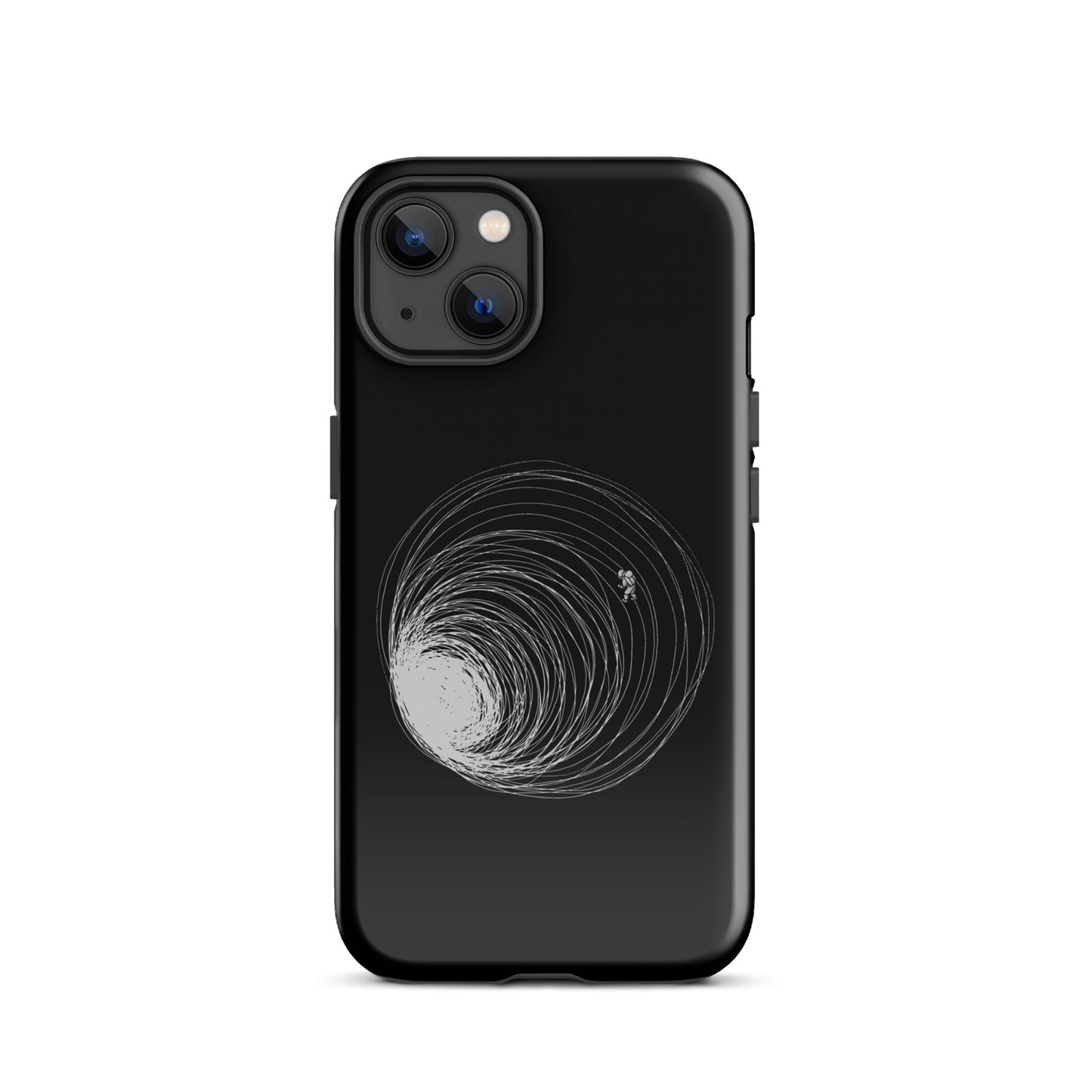 A big black hole with an astronaut floating around as if being sucked into it. A minimalist art perfect for those who love space.