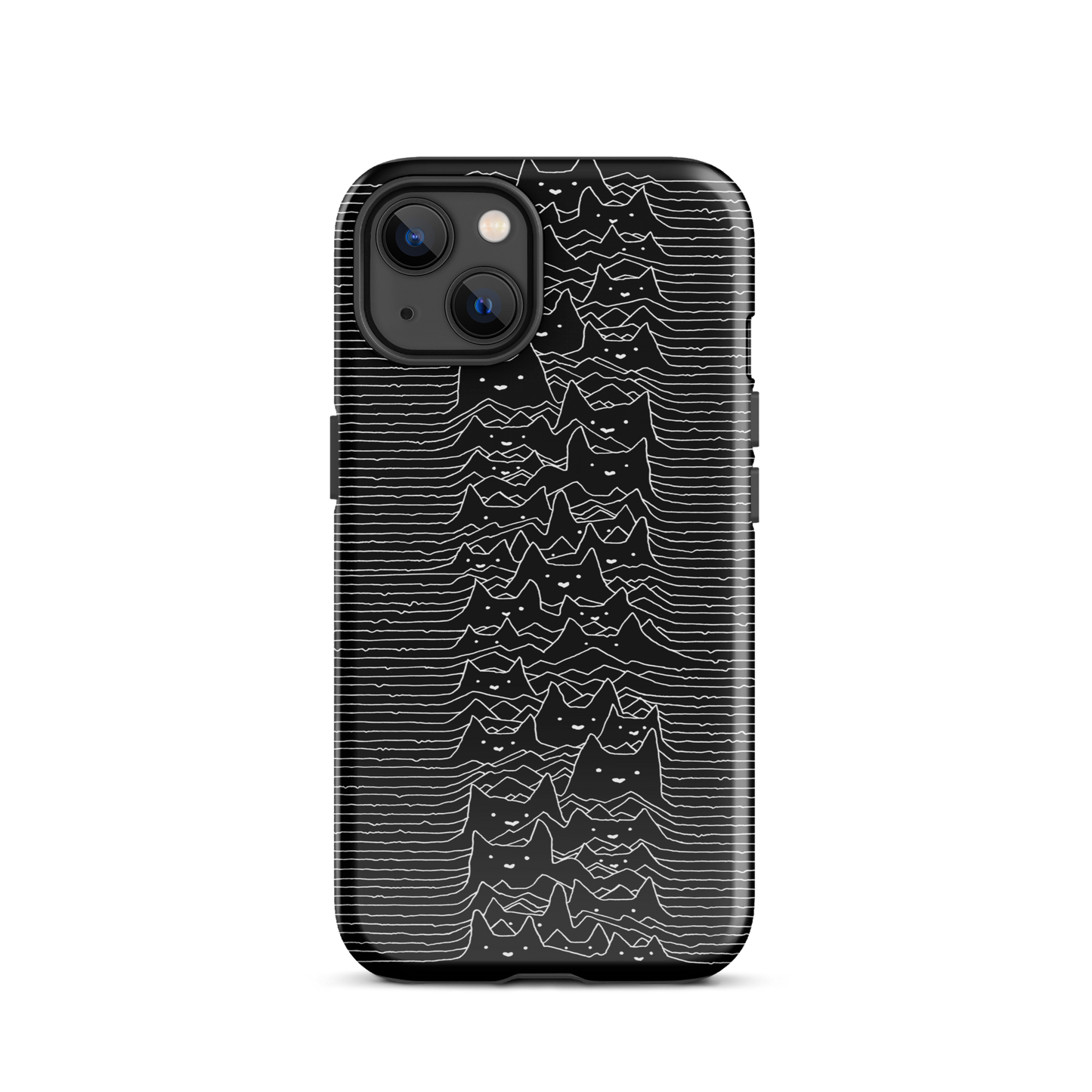 The drawing is a series of continuous wavy lines forming a pattern reminiscent of sound waves or topographic maps, but with an unexpected twist: the lines create the shapes of numerous cat faces stacked vertically. Each cat has simple, expressive features with pointed ears, adding a whimsical element to the otherwise structured pattern.