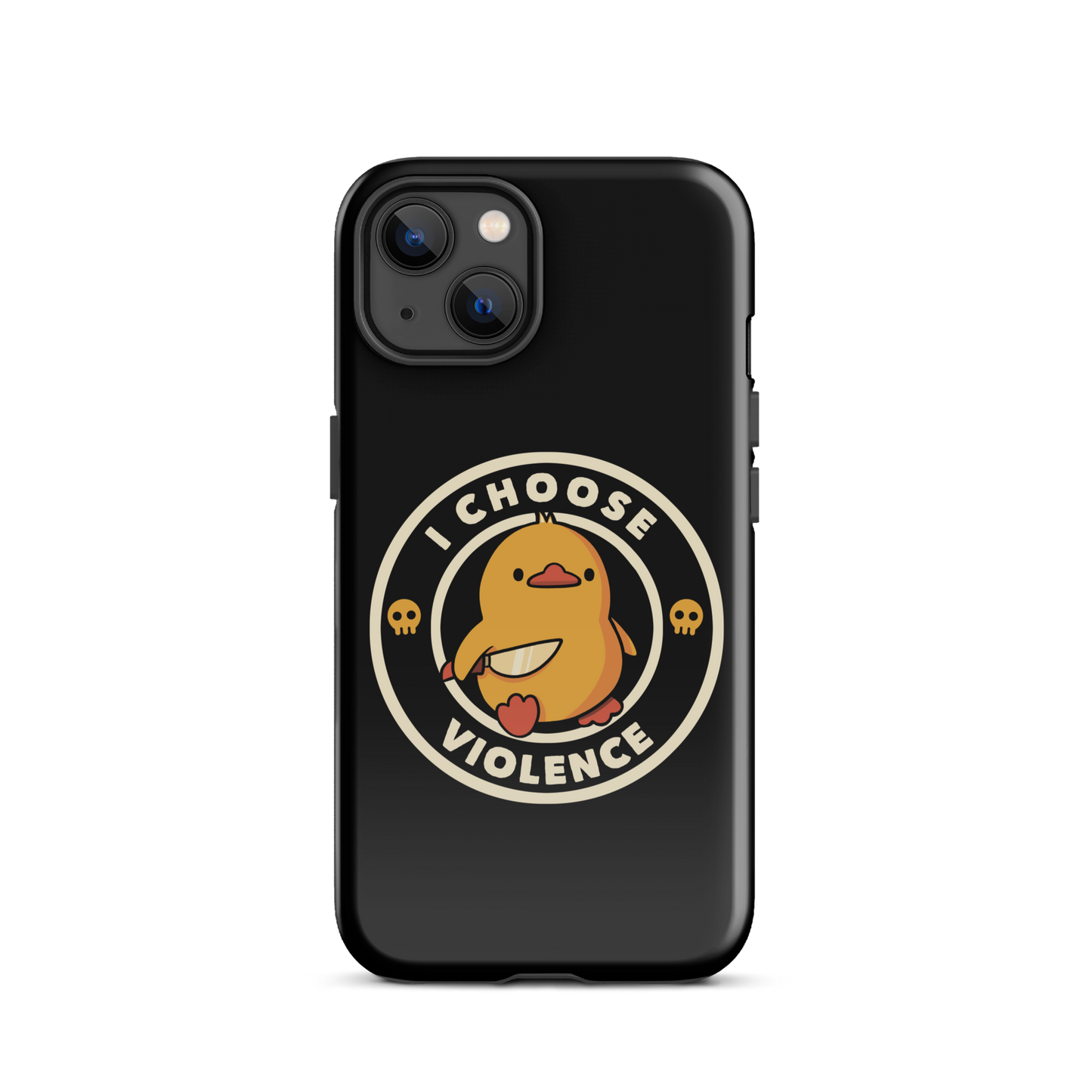 A cute, cartoon-style yellow duckling stands confidently holding a large knife in its wing. The duckling is encircled by text saying 'I CHOOSE VIOLENCE' in bold white letters. Small skull symbols flank the chick on either side, adding a touch of humor and irony to the otherwise adorable drawing.