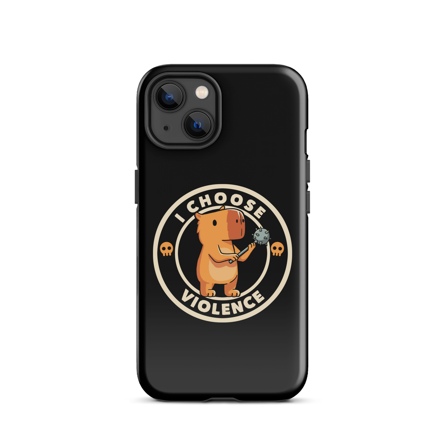 A cute, cartoonish burnt yellow capybara stands holding a spiked mace with a determined expression. Surrounding it is a circular design with the text 'I CHOOSE VIOLENCE' and two small skulls on either side, giving it a humorous yet ironic tone.