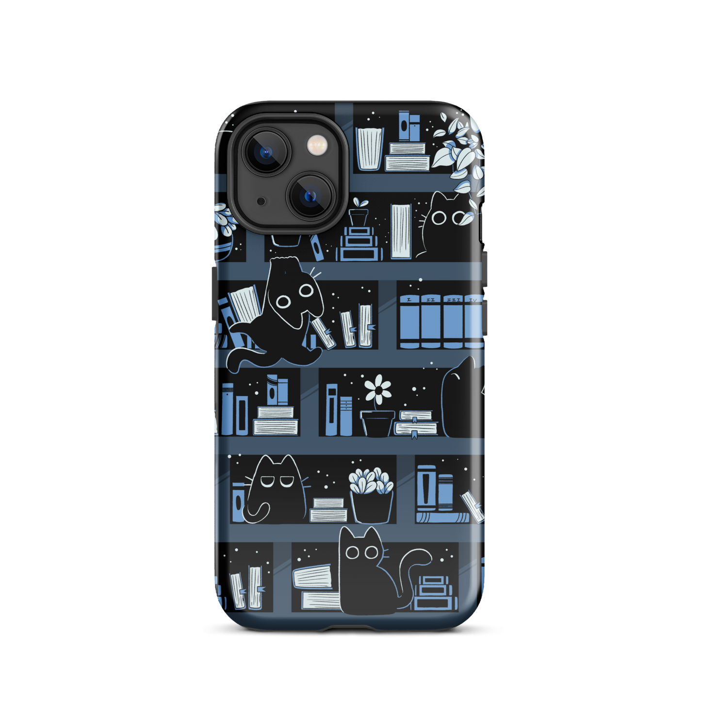 A pattern designed to resemble one large bookshelf filled with books, plants and playful little black kittens tucked between the shelves. An artwork in shades of black and blue, perfect for those who love cats, books and plants.
