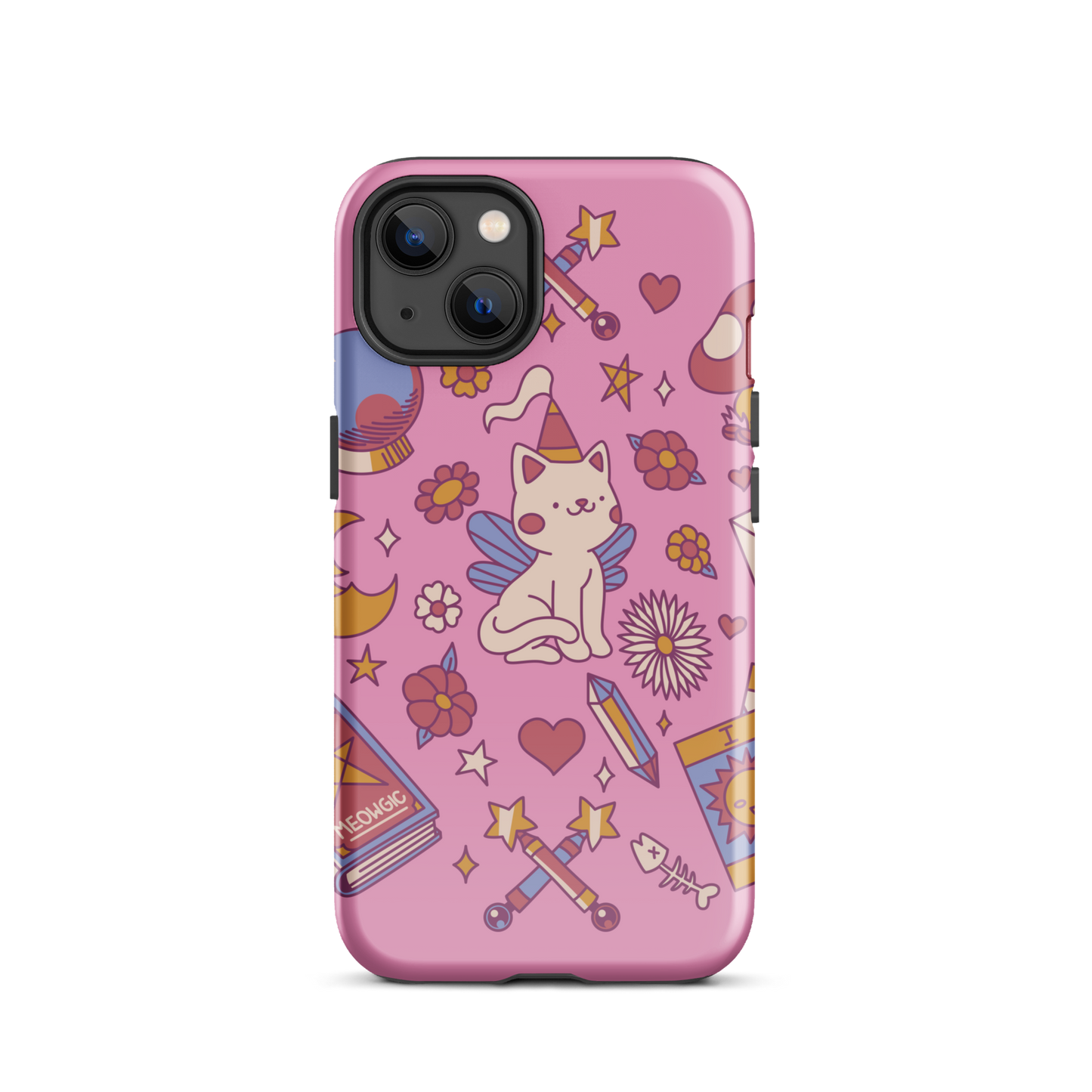 The artwork depicts a magical kitten with wings and a little hat, surrounded by crystals, flowers, tarot cards, mushrooms, and mystical elements in pastel shades. The design blends cute fantasy with colorful witchy aesthetics, creating an enchanting, lighthearted composition full of fun details. Perfect for lovers of cute mysticism, tarot, magical cats, and anyone who enjoys colorful prints with a magical vibe.