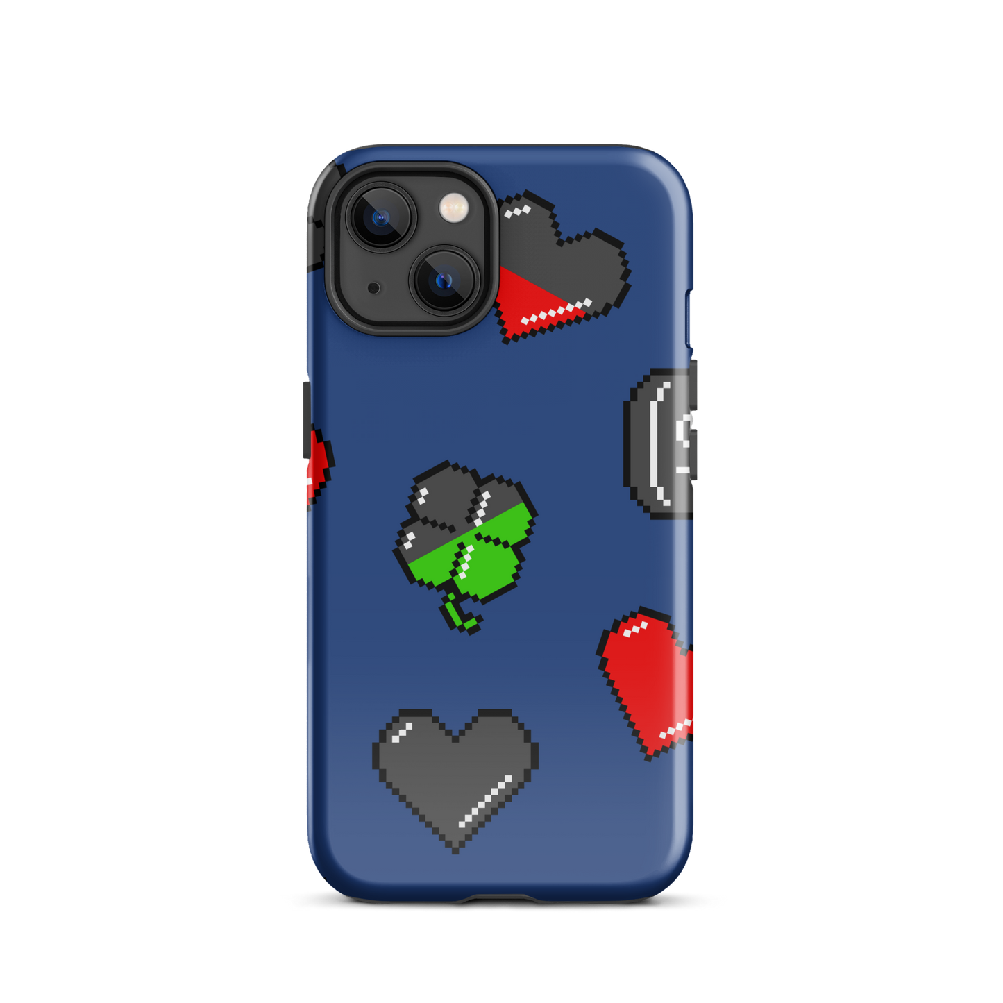 A repeating pattern made of 8-bit video game icons like hearts, four-leaf clovers, and coins. A nostalgic pixel art design inspired by classic games and retro digital culture.