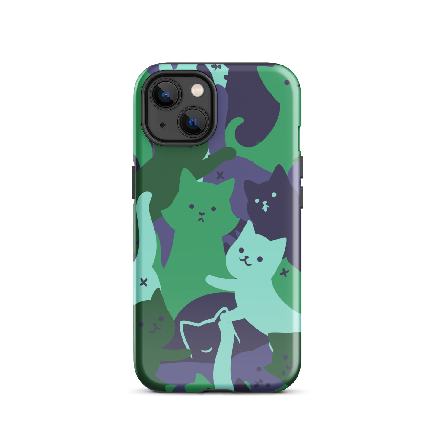 A playful pattern featuring multiple kittens in shades of green and blue, arranged to create a soft camouflage effect. This design blends cute cats with a modern pattern aesthetic, perfect for fans of fun, stylish, and whimsical art.