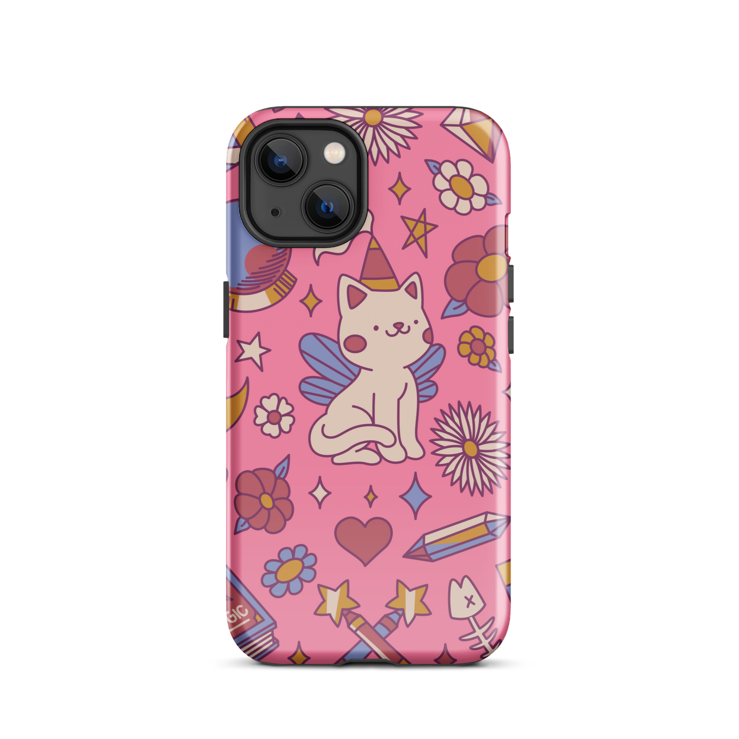 A seamless pattern featuring a magical winged kitten surrounded by crystals, flowers, tarot cards, mushrooms and other mystical elements in soft pastel tones. A playful and whimsical design with a cute, magical vibe.