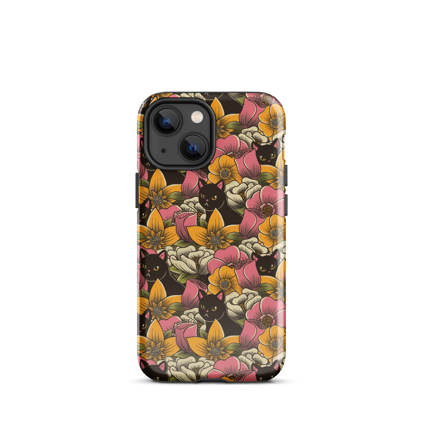 The image features a repeating pattern of colorful flowers in pink, yellow, and cream hues with lush green foliage. Interspersed among the flowers are playful black cats with bright eyes. The design has a whimsical and vibrant feel, ideal for various products like t-shirts, stickers, coffee cups, and skateboards. The style is reminiscent of traditional floral art blended with playful elements of animal decor.