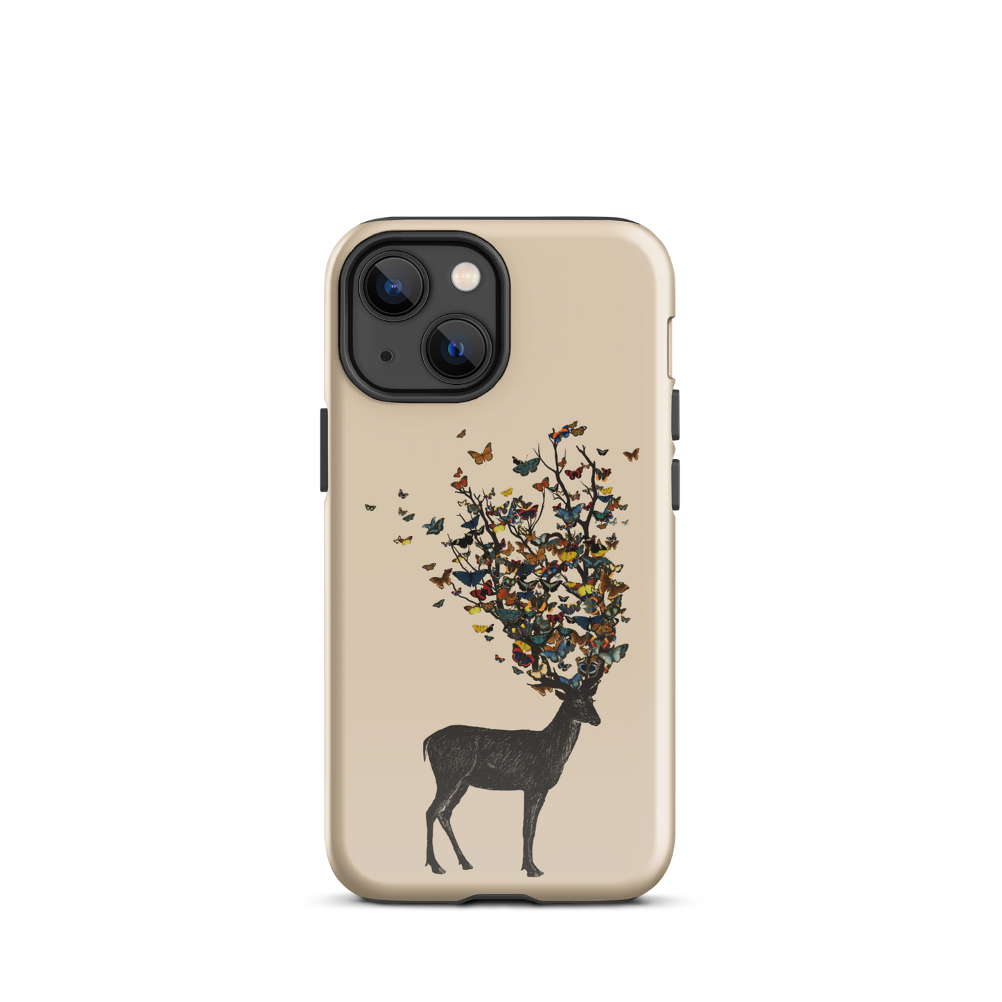 The image depicts a dark, silhouetted deer standing on a neutral background. Instead of branches, its antlers transform into a swirling cloud of vibrant, colorful butterflies that extend upwards and outward. The mix of organic and ethereal elements creates a captivating and whimsical visual contrast.