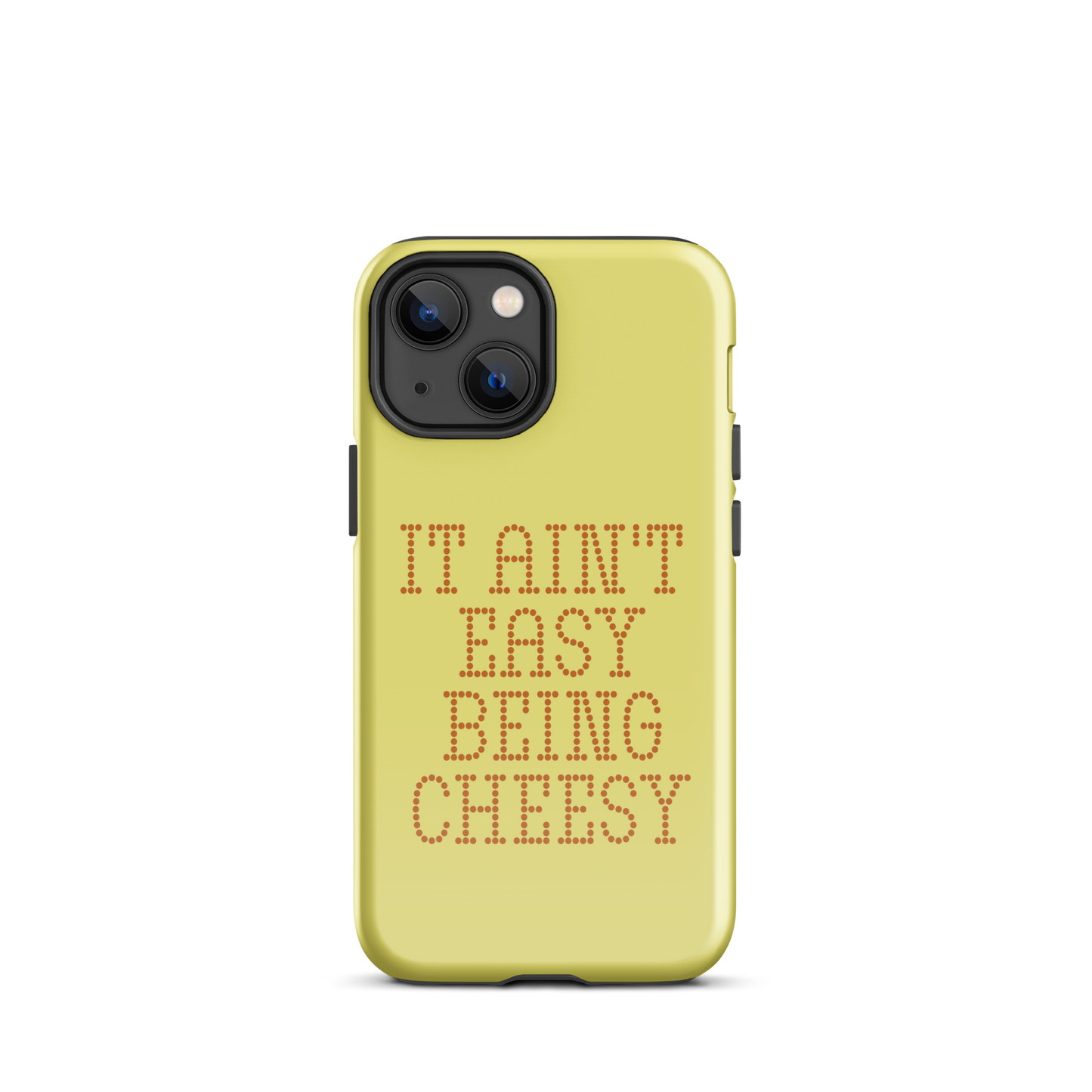 Bold dotted typography spells out ‘It Ain’t Easy Being Cheesy’ in a playful retro style on a yellow background. This funny design mixes wordplay with foodie humor, perfect for pun lovers, cheese fans, retro humor enthusiasts, and anyone who embraces the cringe with pride. A great quirky gift for cheese lovers and humor fans alike.
