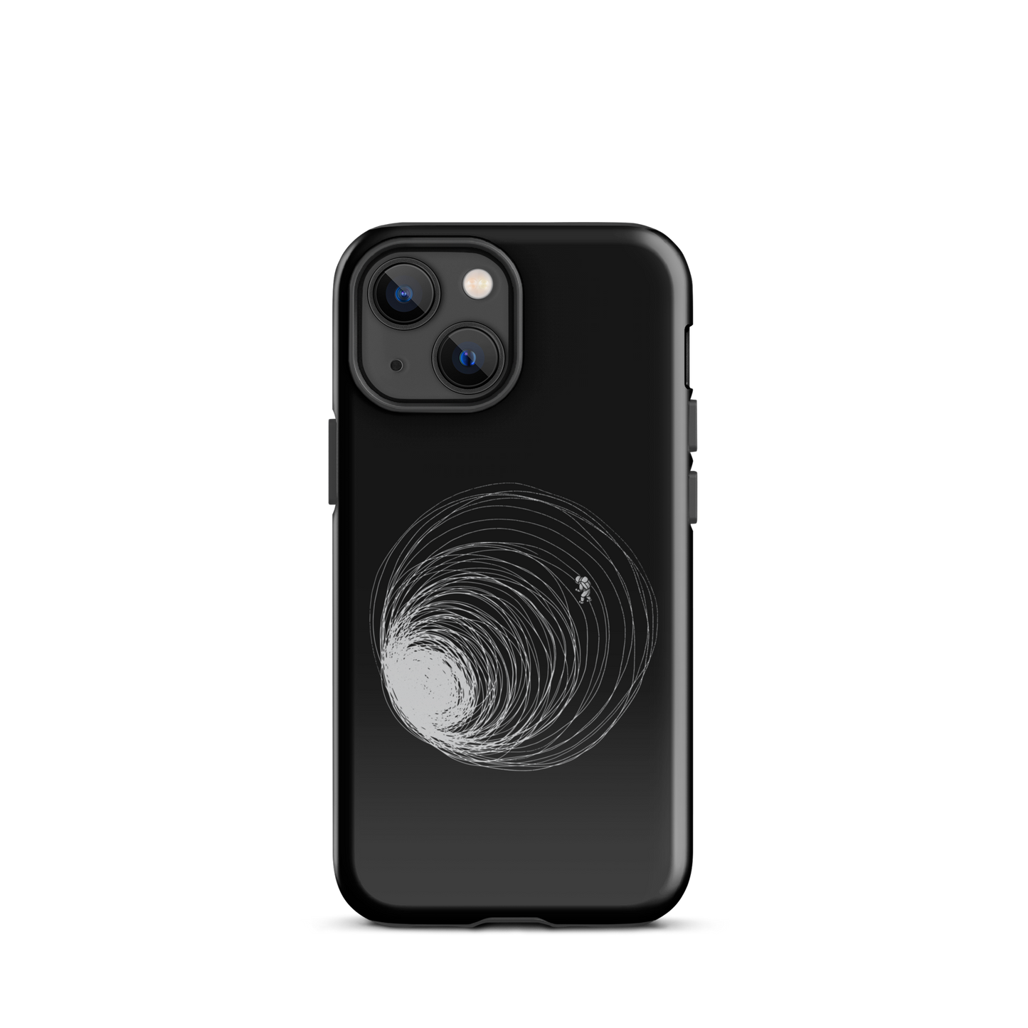 A big black hole with an astronaut floating around as if being sucked into it. A minimalist art perfect for those who love space.