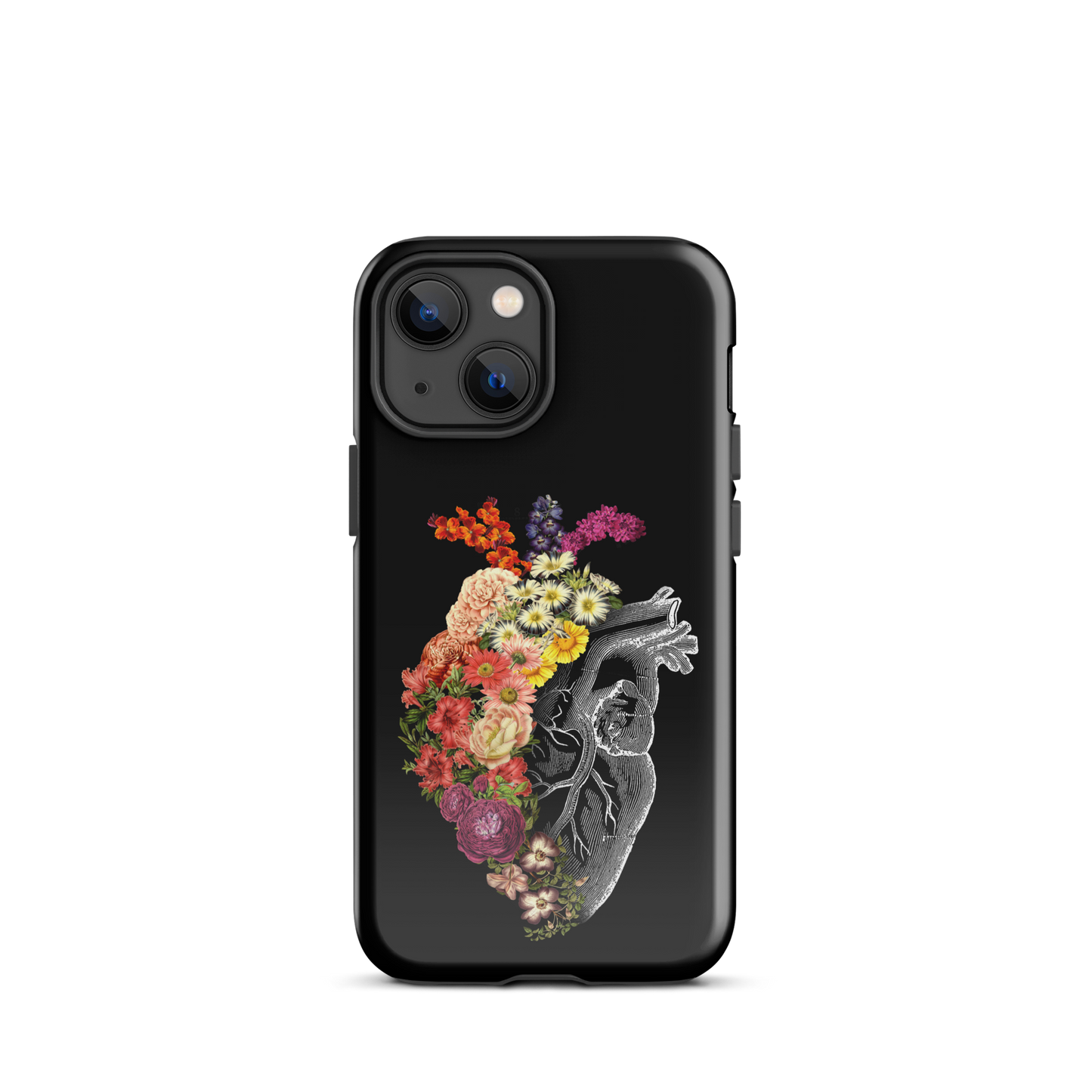 The design is an intricate and anatomical drawing of a human heart on a black background. The left side of the heart morphs into a vibrant assortment of colorful flowers, including roses, daisies, and other blooming blossoms, creating a striking contrast between the realistic and the surreal, symbolizing the harmony between nature and humanity.