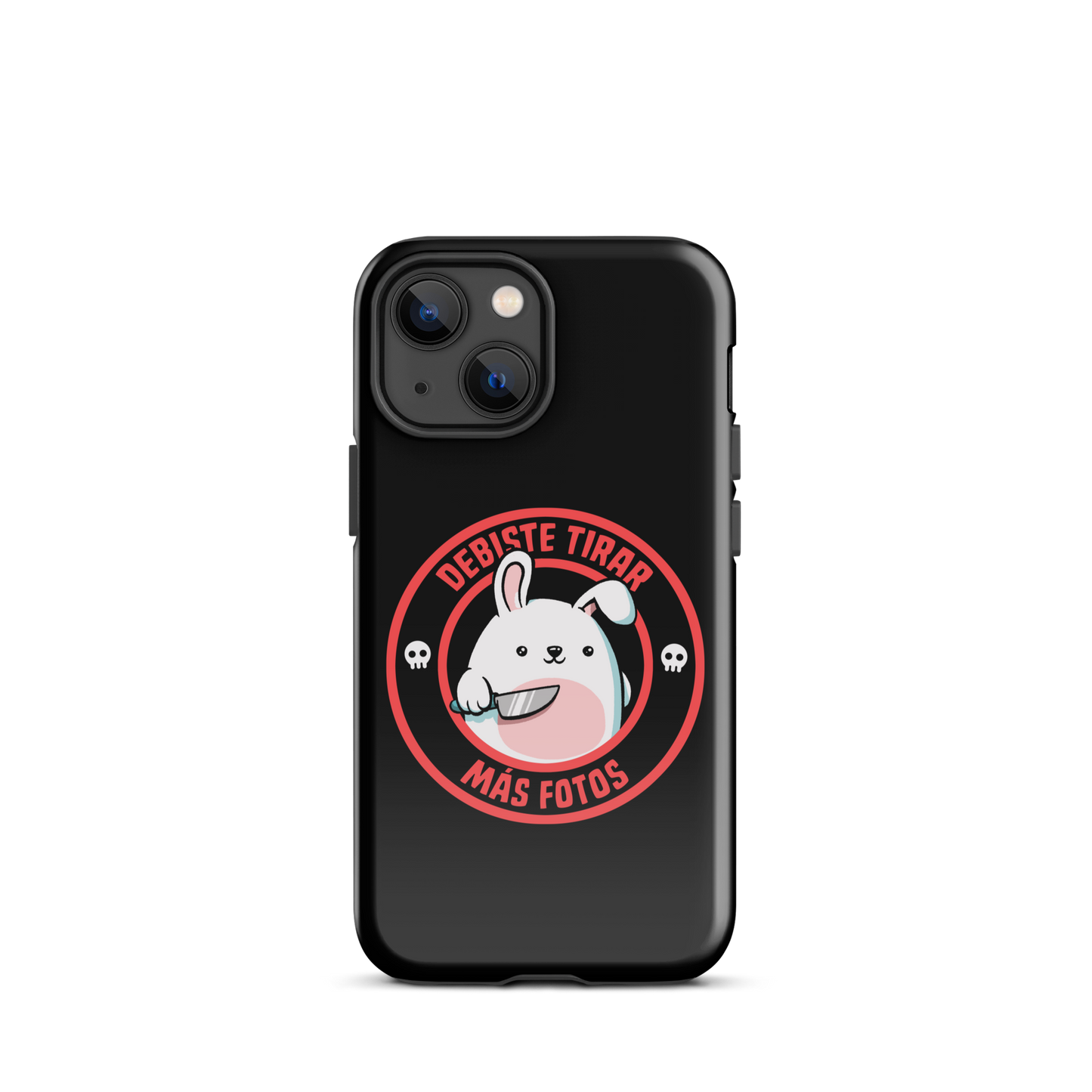 A cute white cartoon bunny with a pink belly stands holding a large kitchen knife in one paw. Surrounding the bunny is a red circular border with the words 'DEBISTE TIRAR MÁS FOTOS'. Small skull icons are on either side of the circle. The overall tone is a mix of adorable and ironic humor.