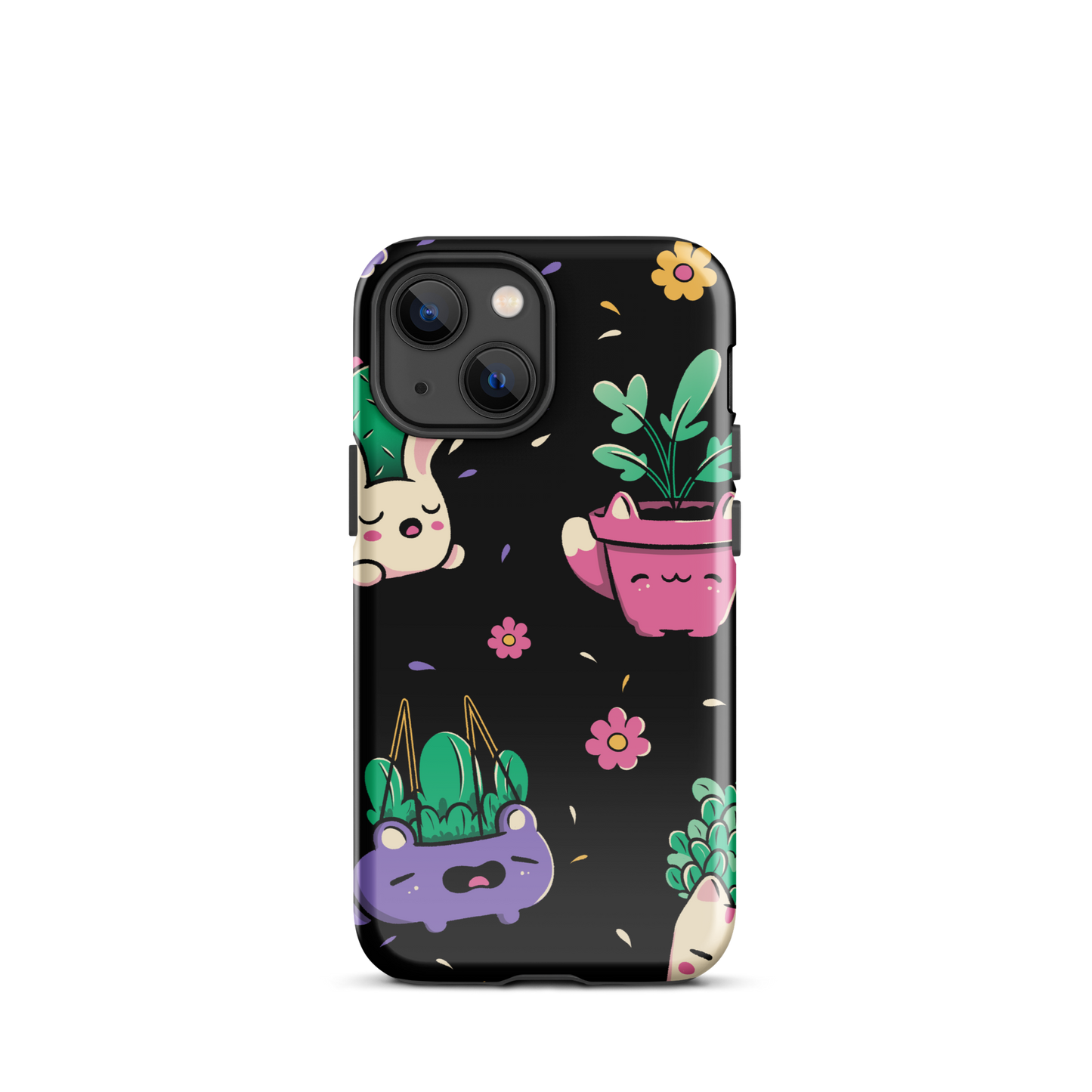 An endearing pattern featuring petite potted plants creatively shaped like adorable animals, arranged in a charming repeating composition. This enchanting design is perfect for plant enthusiasts who adore greenery and love surrounding themselves with whimsical, nature-inspired details.