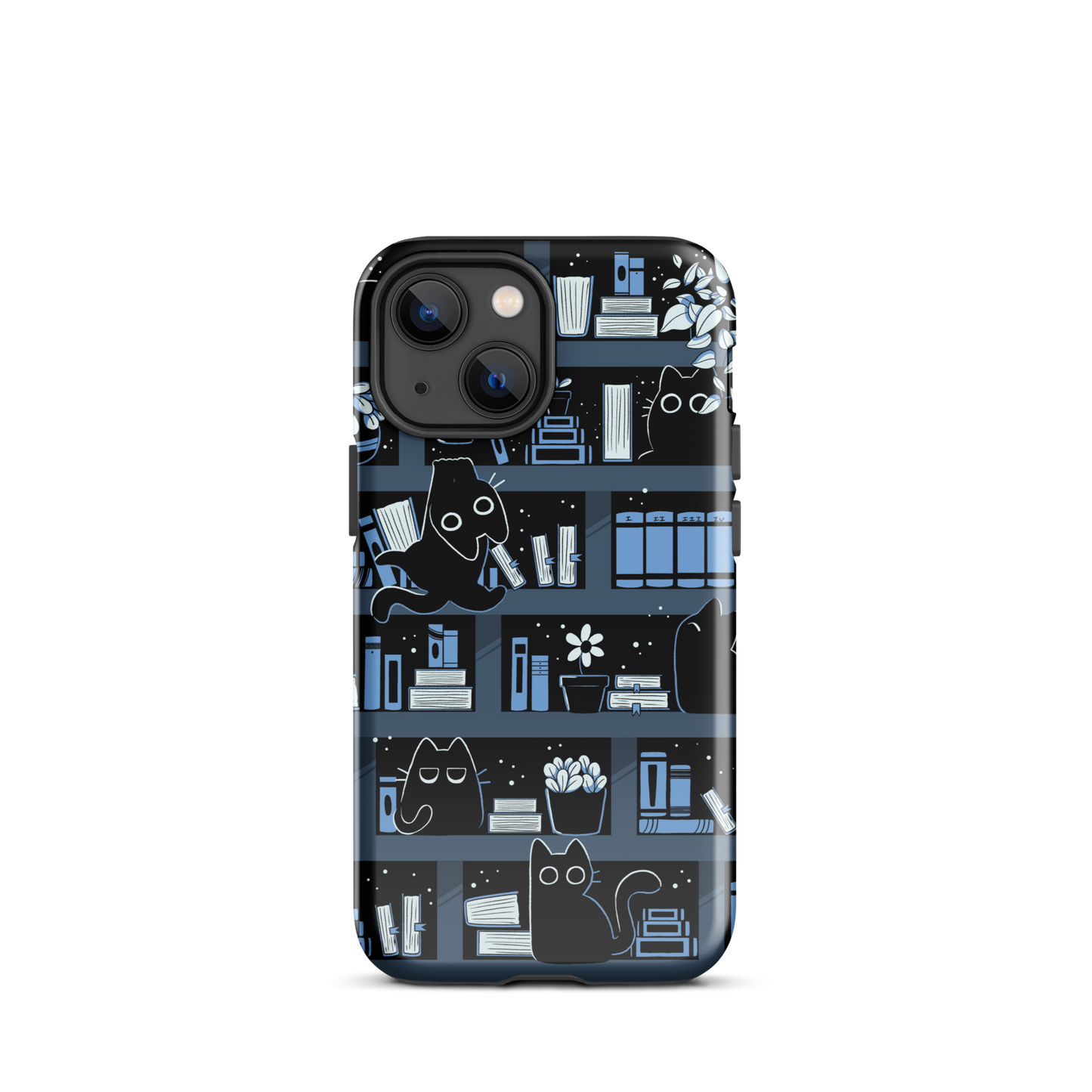A pattern designed to resemble one large bookshelf filled with books, plants and playful little black kittens tucked between the shelves. An artwork in shades of black and blue, perfect for those who love cats, books and plants.