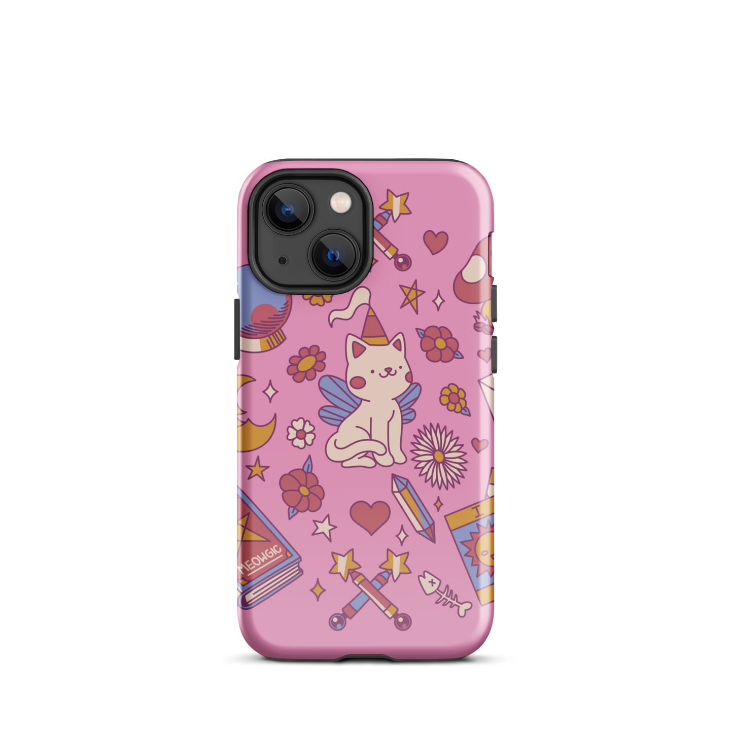 The artwork depicts a magical kitten with wings and a little hat, surrounded by crystals, flowers, tarot cards, mushrooms, and mystical elements in pastel shades. The design blends cute fantasy with colorful witchy aesthetics, creating an enchanting, lighthearted composition full of fun details. Perfect for lovers of cute mysticism, tarot, magical cats, and anyone who enjoys colorful prints with a magical vibe.
