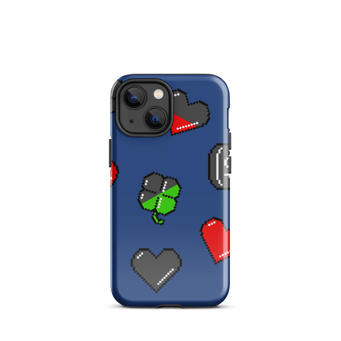 A repeating pattern made of 8-bit video game icons like hearts, four-leaf clovers, and coins. A nostalgic pixel art design inspired by classic games and retro digital culture.