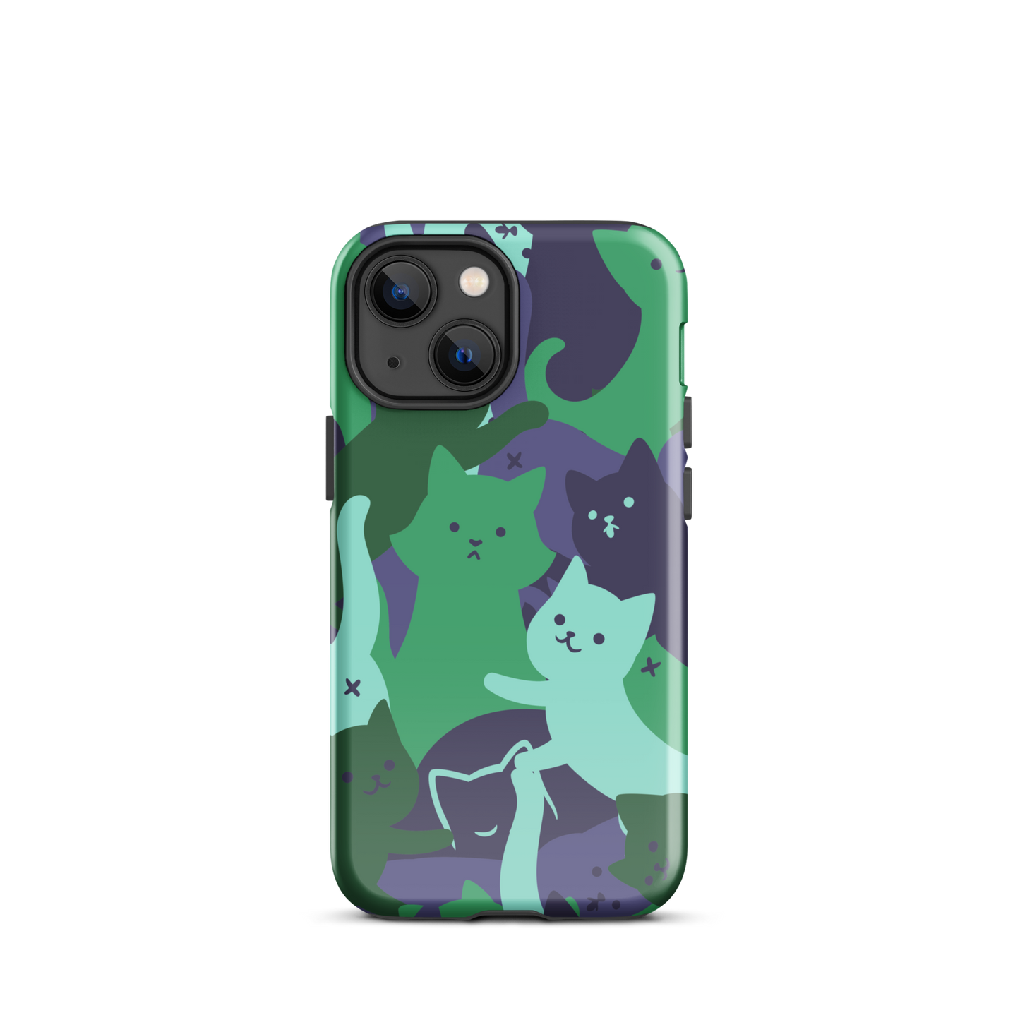 A playful pattern featuring multiple kittens in shades of green and blue, arranged to create a soft camouflage effect. This design blends cute cats with a modern pattern aesthetic, perfect for fans of fun, stylish, and whimsical art.
