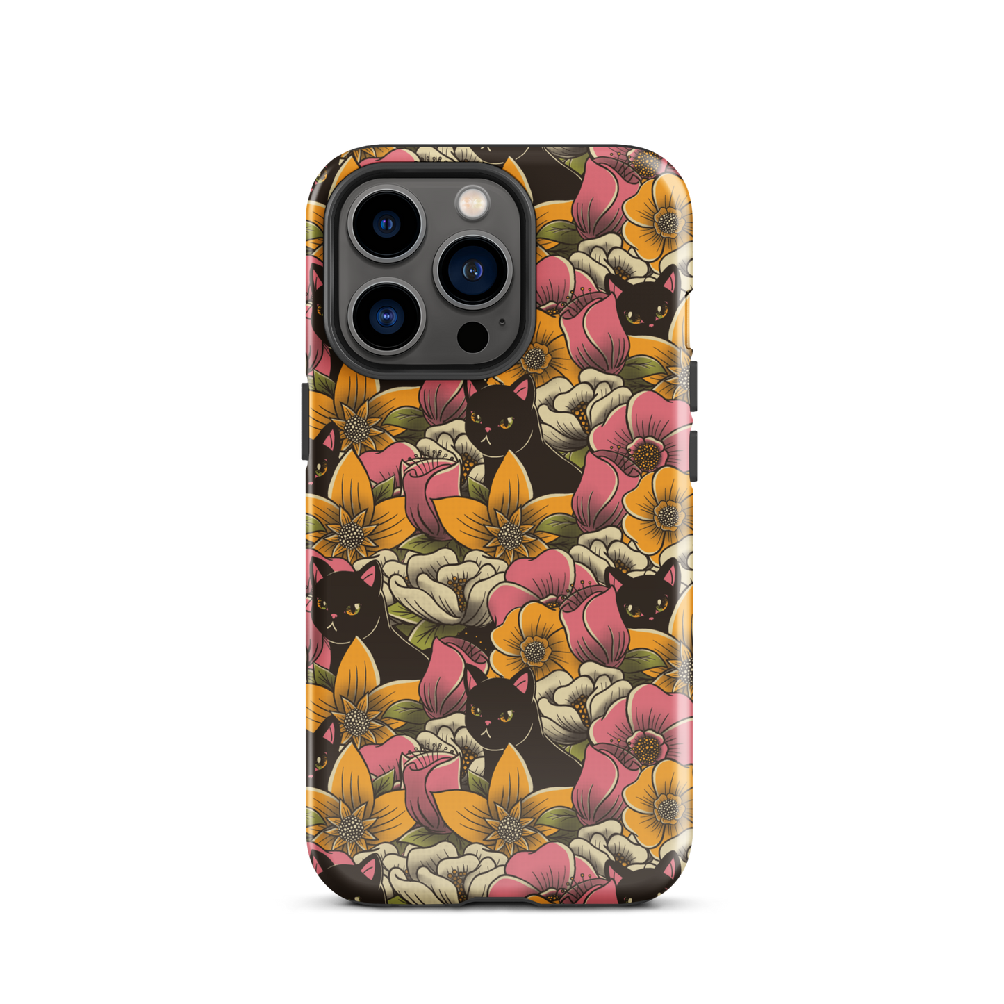 The image features a repeating pattern of colorful flowers in pink, yellow, and cream hues with lush green foliage. Interspersed among the flowers are playful black cats with bright eyes. The design has a whimsical and vibrant feel, ideal for various products like t-shirts, stickers, coffee cups, and skateboards. The style is reminiscent of traditional floral art blended with playful elements of animal decor.